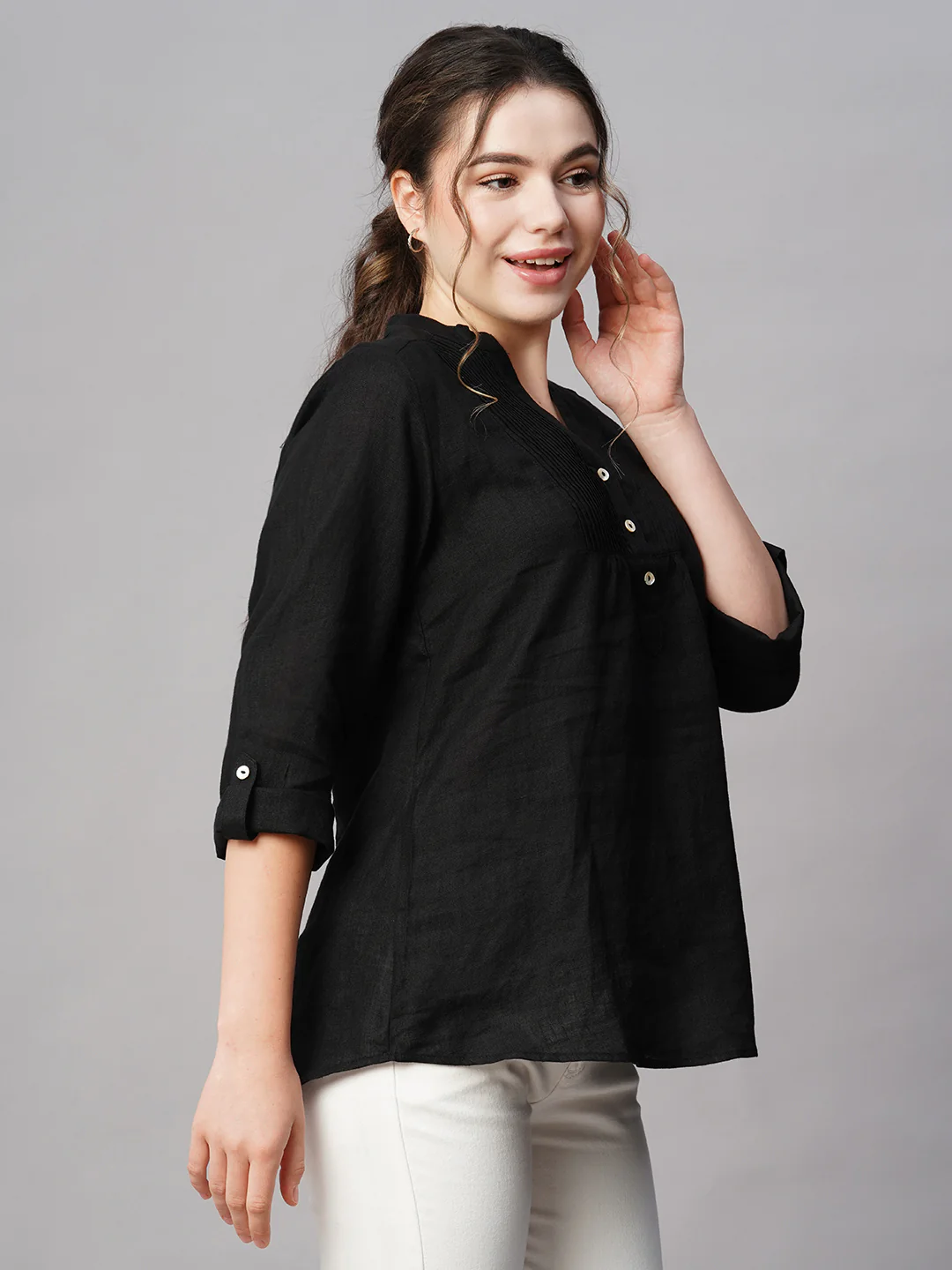 Women's Black 100% Linen Regular Fit Blouse - Image 4