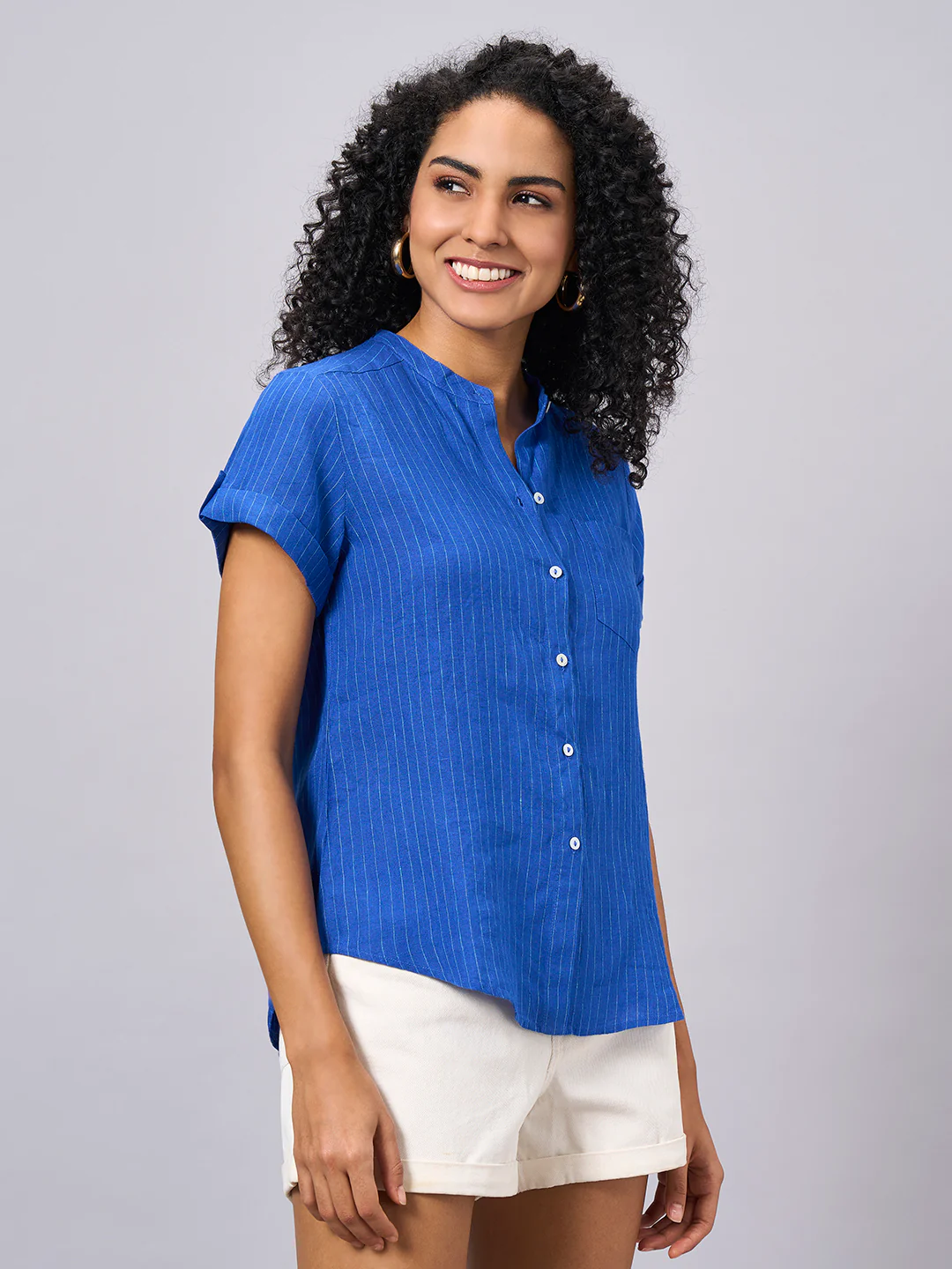 Women's Blue 100% Linen Regular Fit Blouse - Image 3