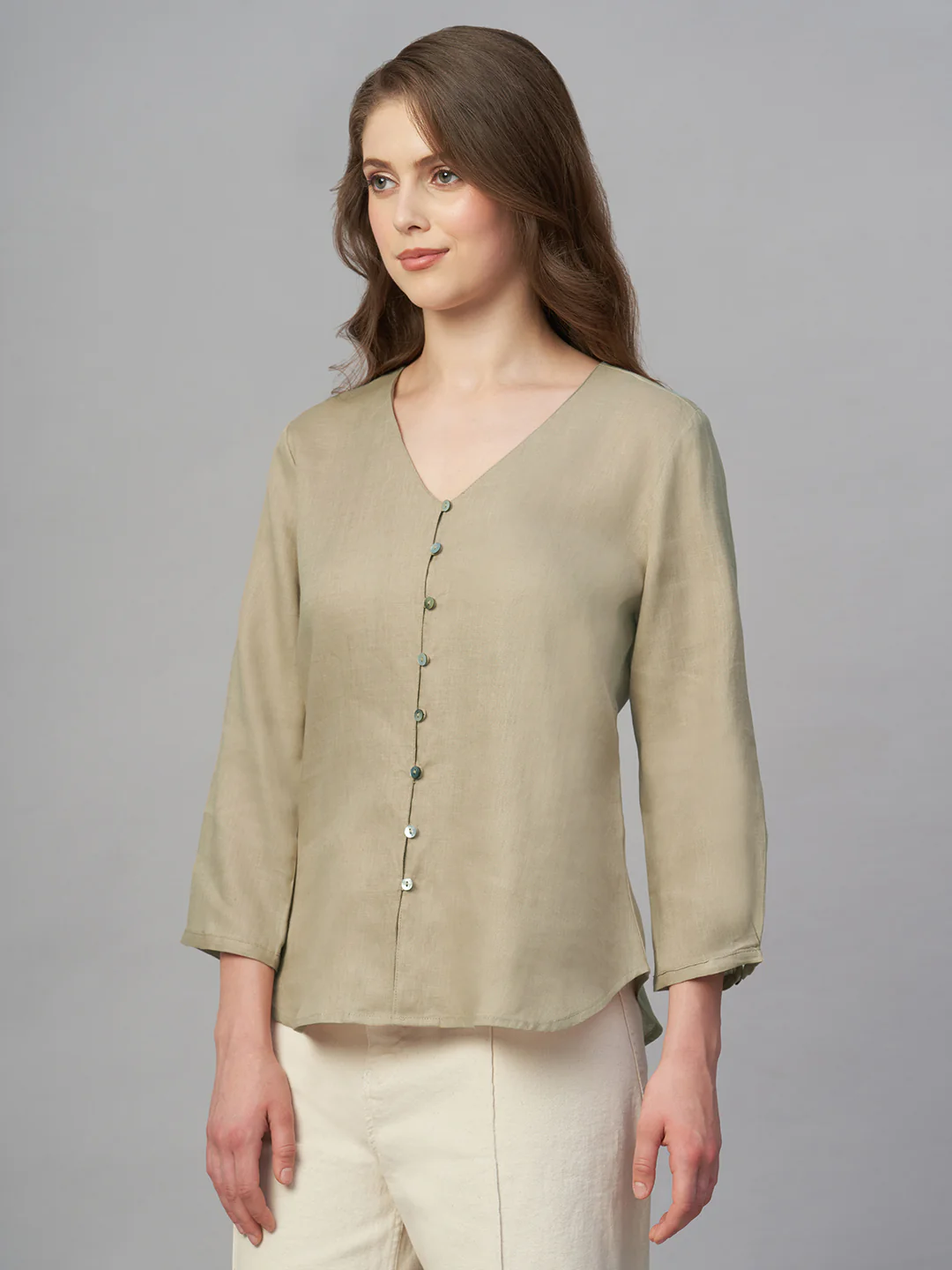 Women's Khaki 100% Linen Regular Fit Blouse - Image 2