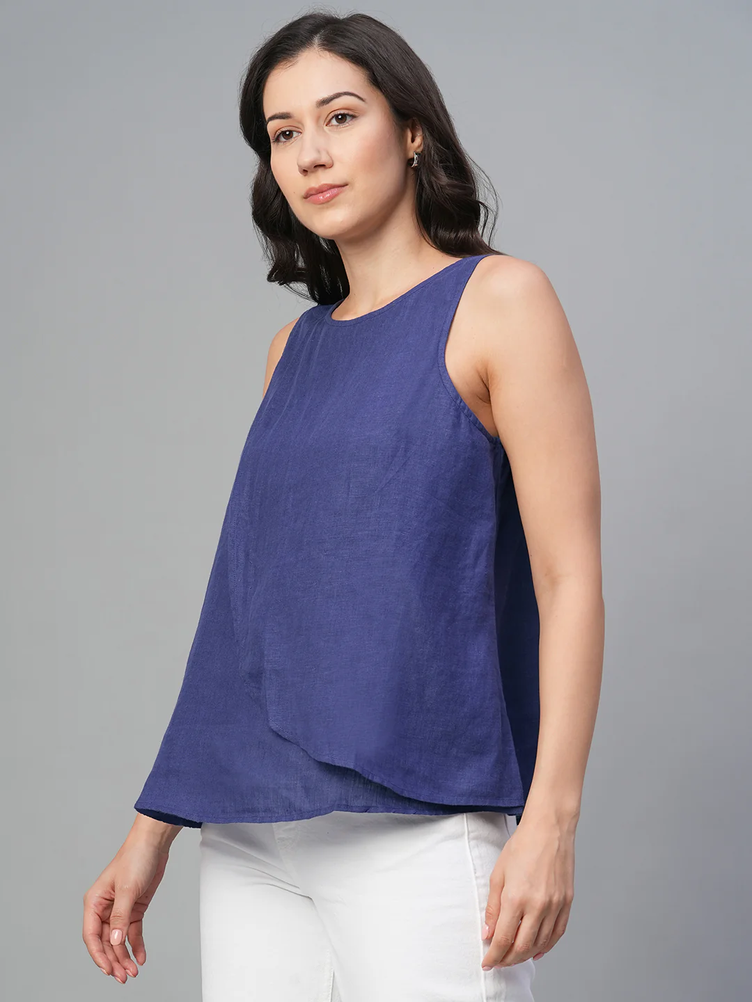 Women's Navy 100% Linen Regular Fit Blouse - Image 3