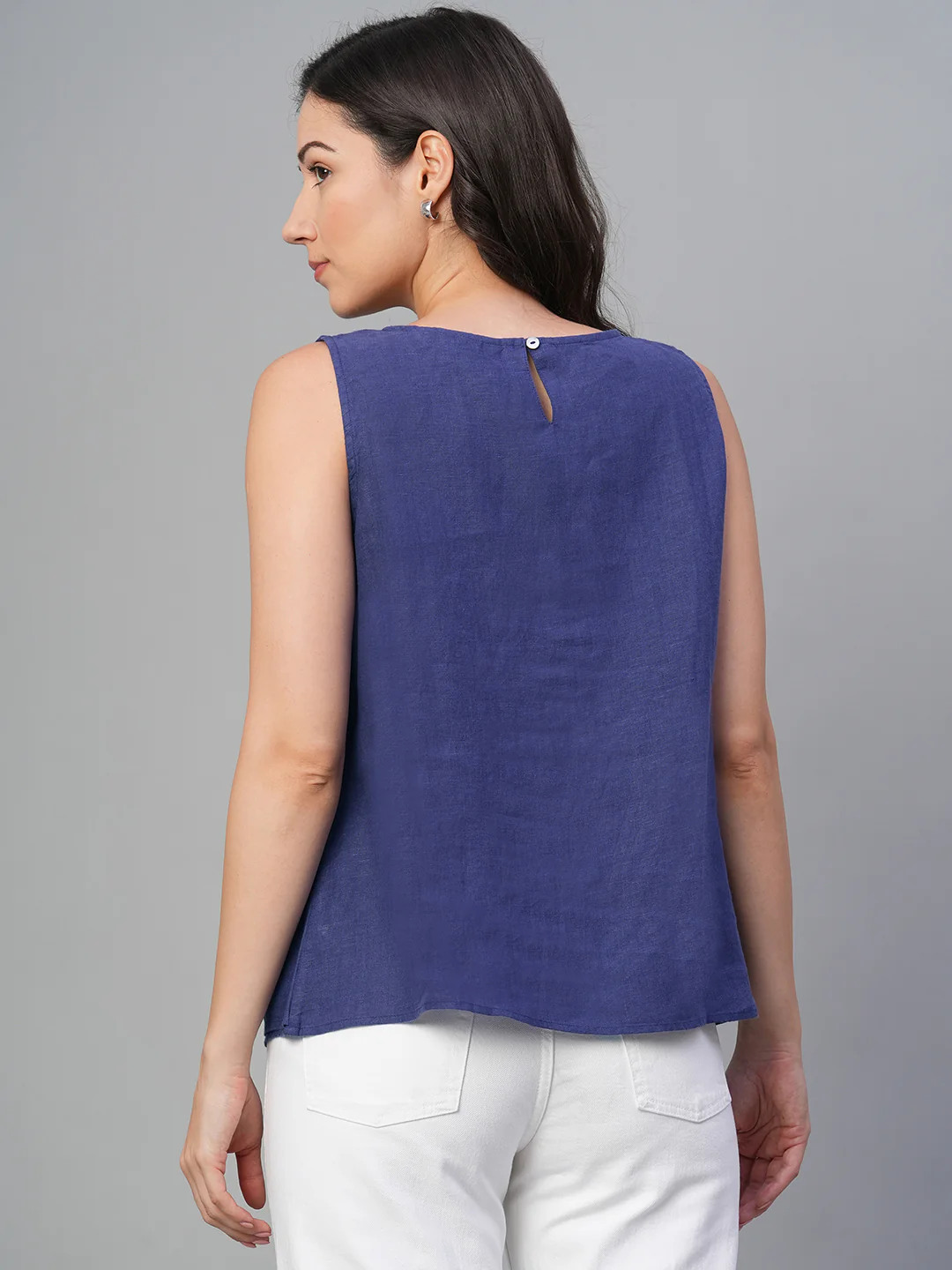 Women's Navy 100% Linen Regular Fit Blouse - Image 5