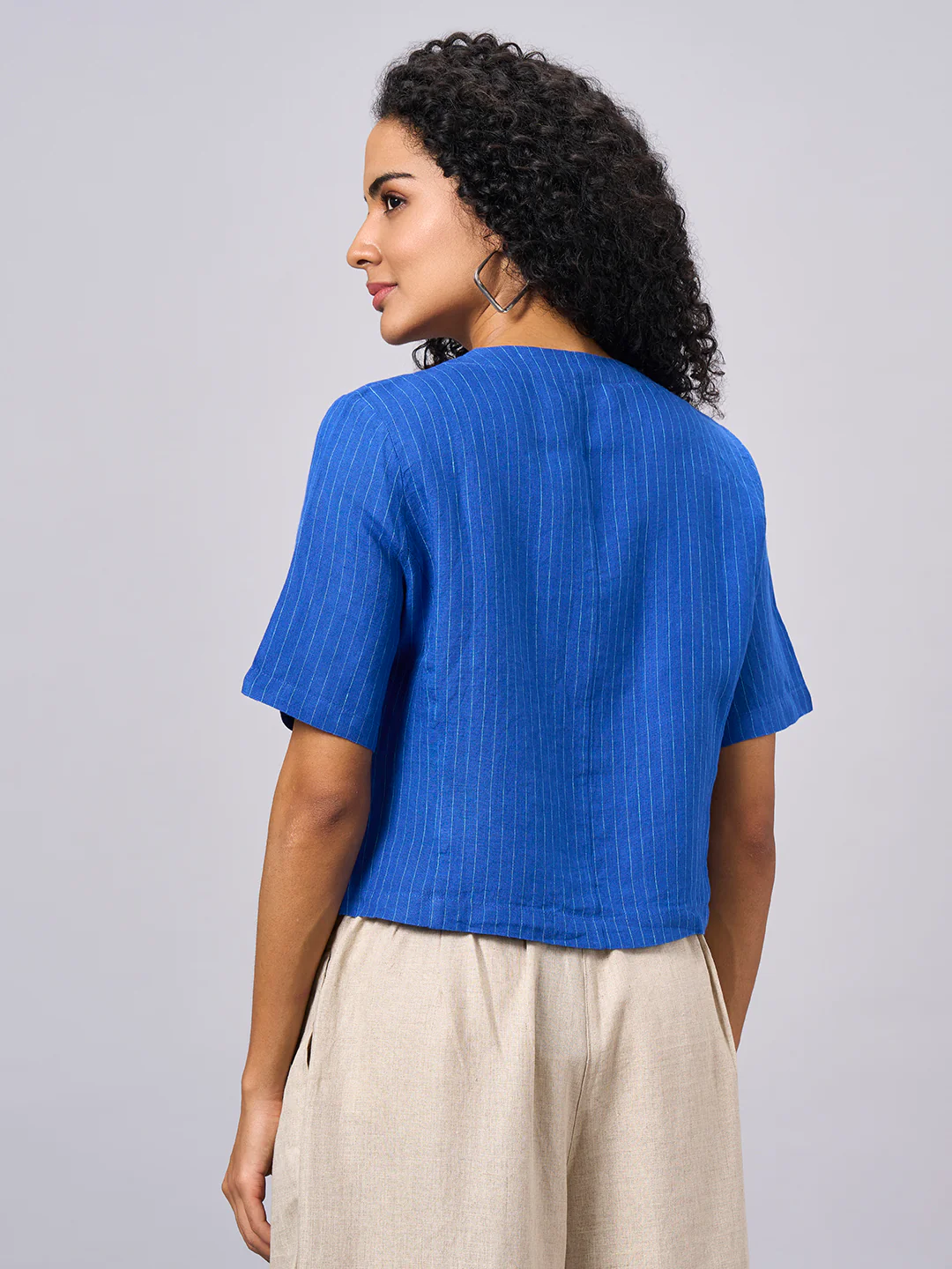 Women's Blue 100% Linen Slim Fit Blouse - Image 4