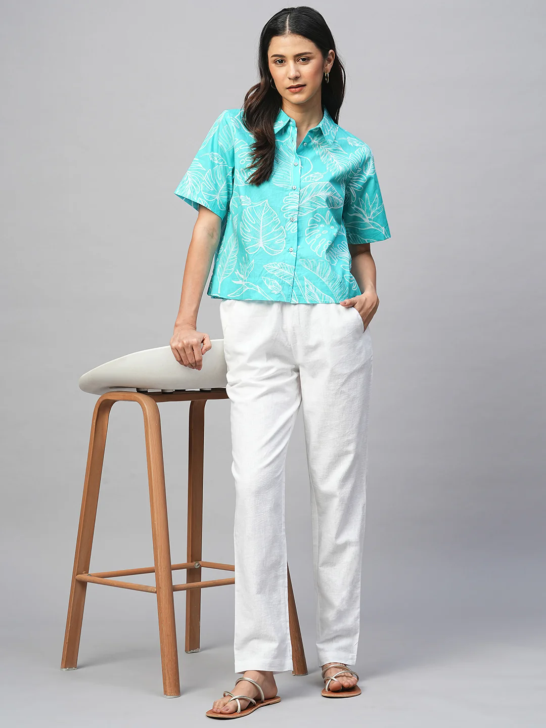 Women's Aqua Cotton Regular Fit Blouse - Image 4