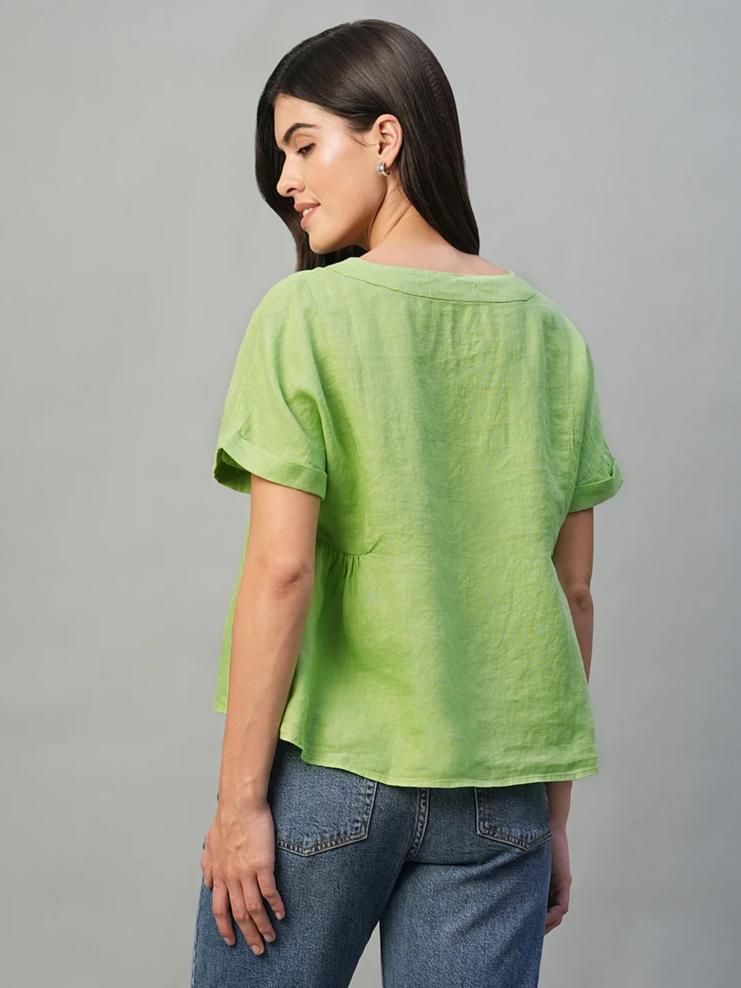 Women's Lime 100% Linen Regular Fit Blouse - Image 5