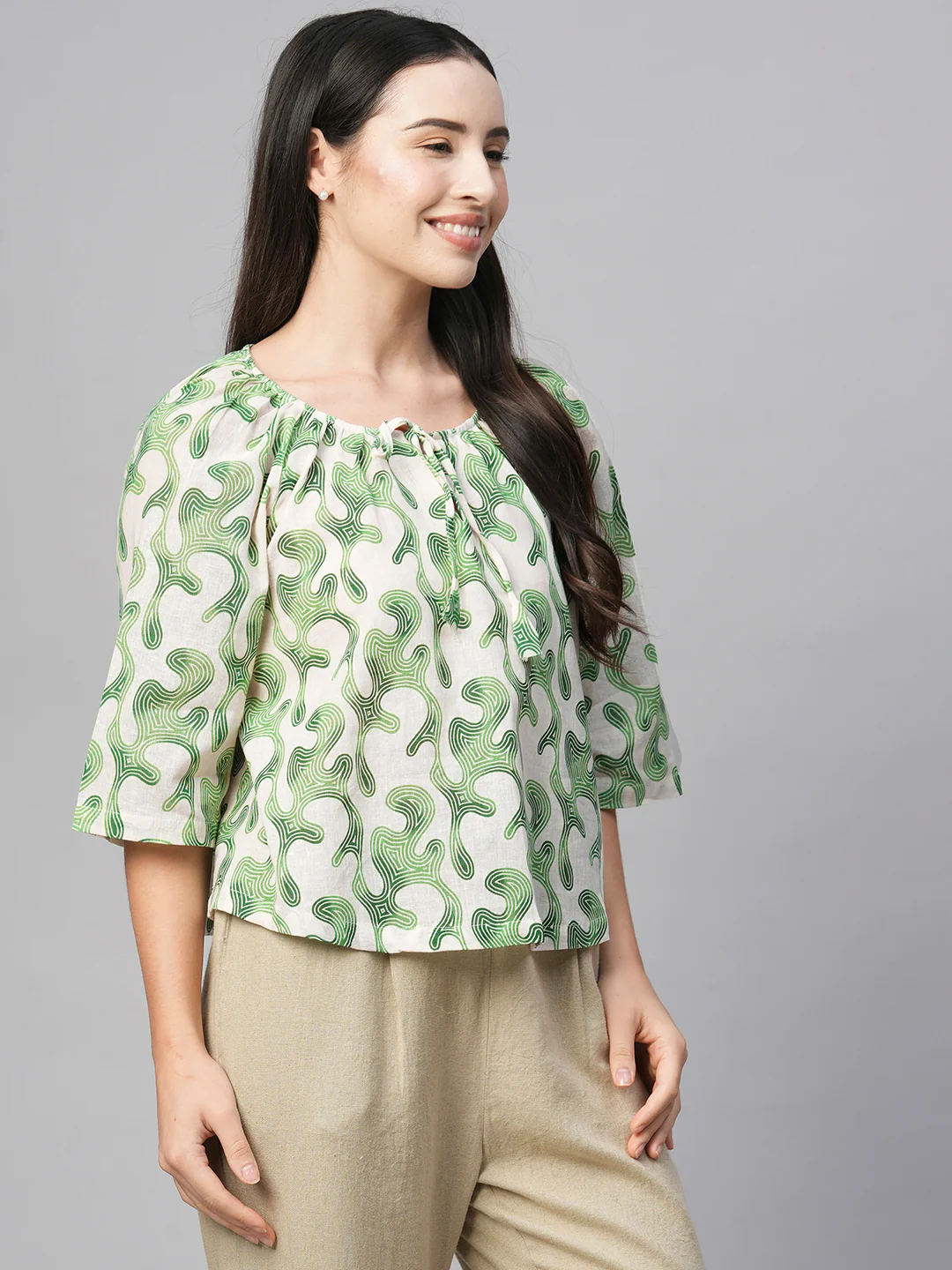 Women's Green Cotton Flax Regular Fit Blouse - Image 4