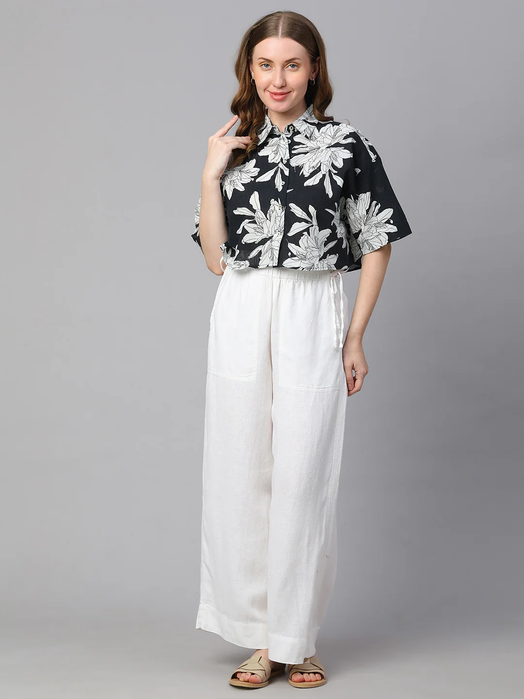 Women's Midnight Blue Cotton Flax Boxy Fit Blouse - Image 2