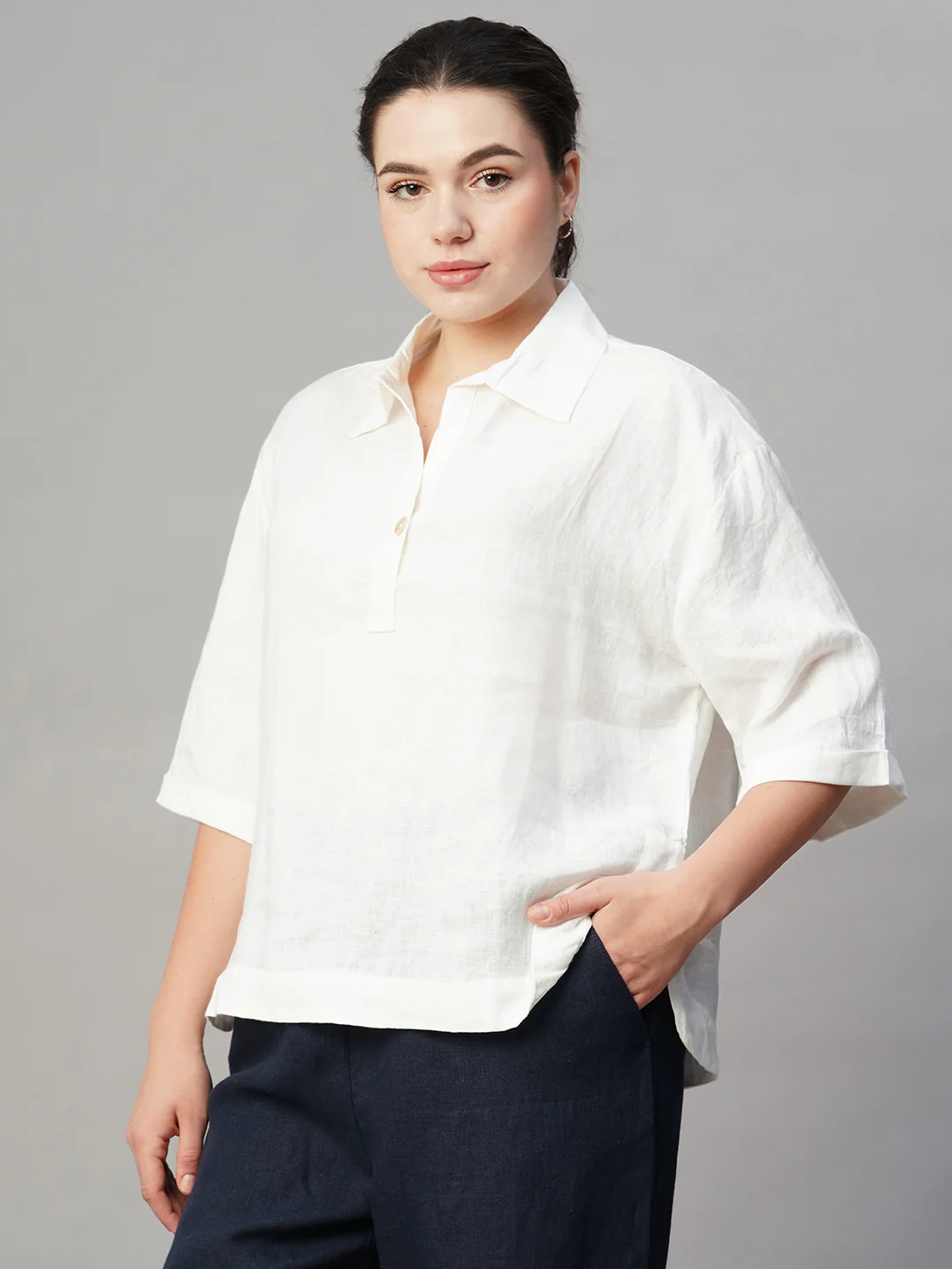 Women's White 100% Linen Boxy Fit Blouse - Image 3