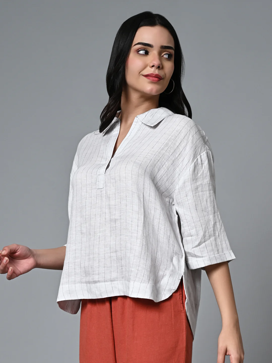 Women's Offwhite 100% Linen Boxy Fit Blouse - Image 3