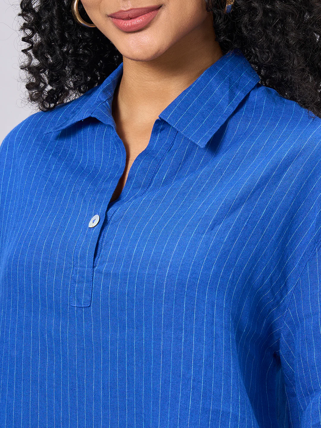 Women's Blue 100% Linen Boxy Fit Blouse - Image 7