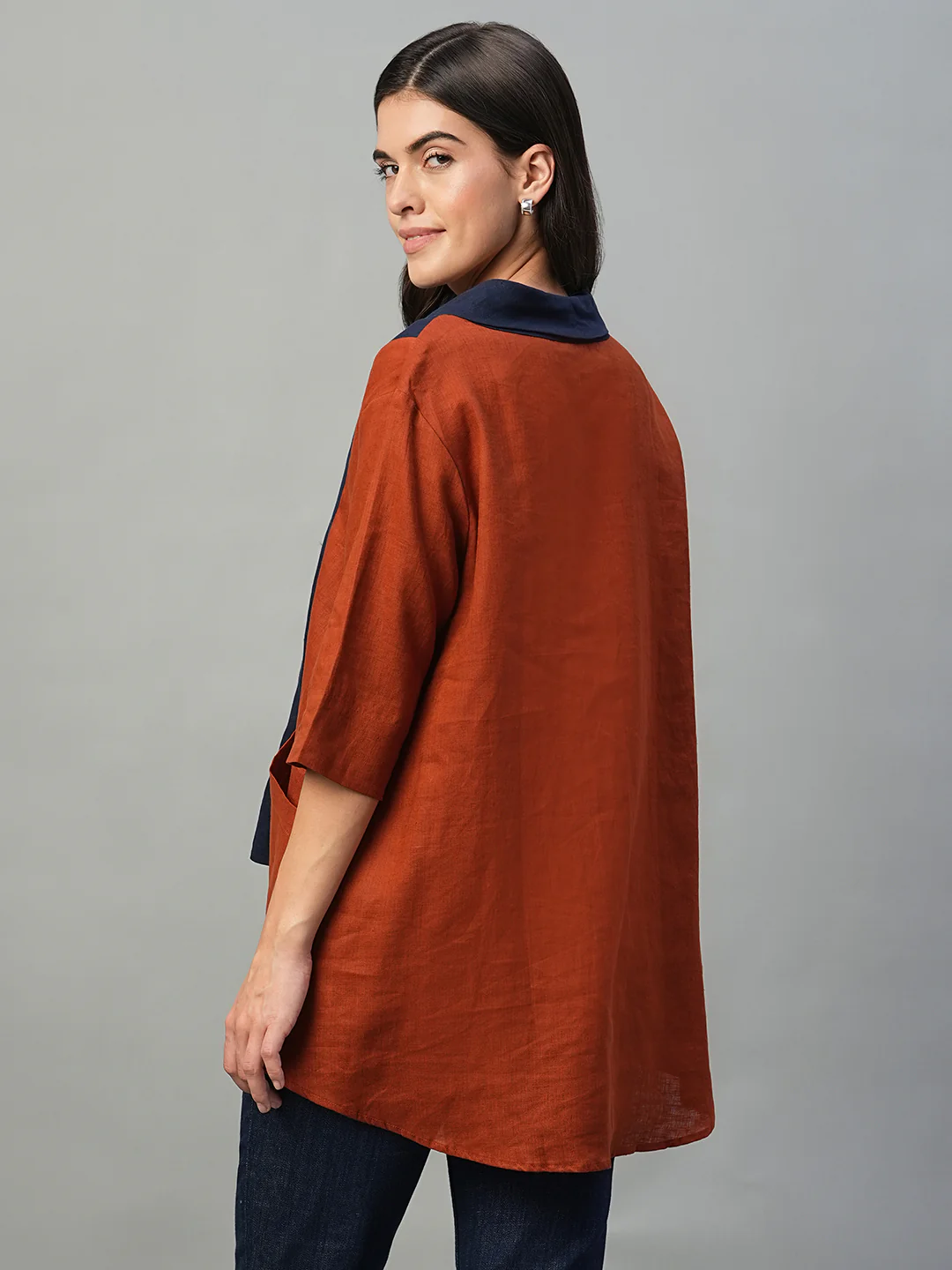 Women's Rust 100% Linen Regular Fit Blouse - Image 5