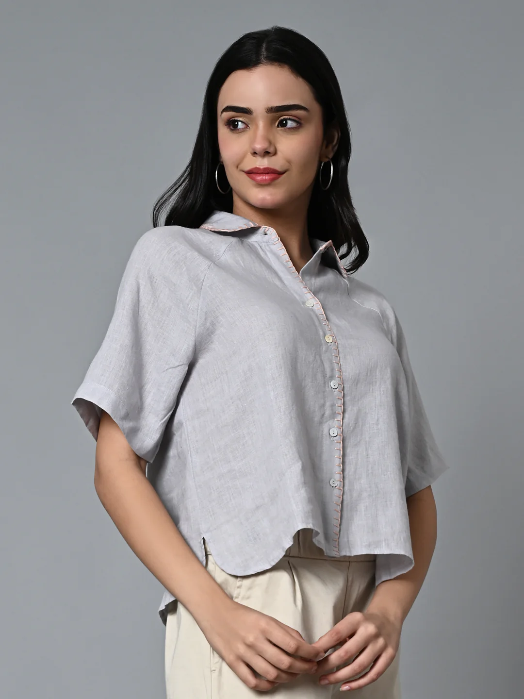 Women's Grey Linen Excel Regular Fit Blouse - Image 4