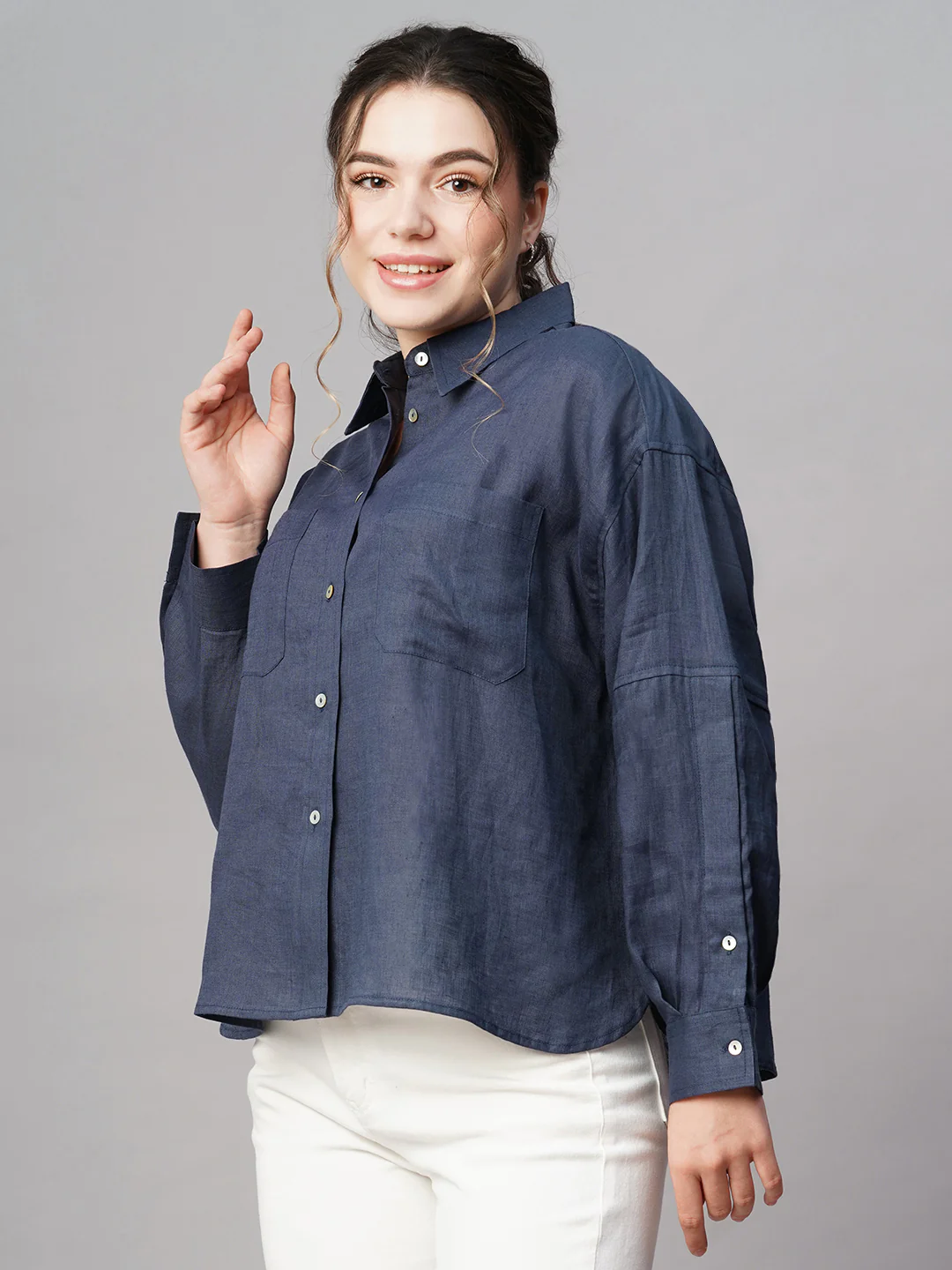 Women's Dark Blue 100% Linen Boxy Fit Blouse - Image 3