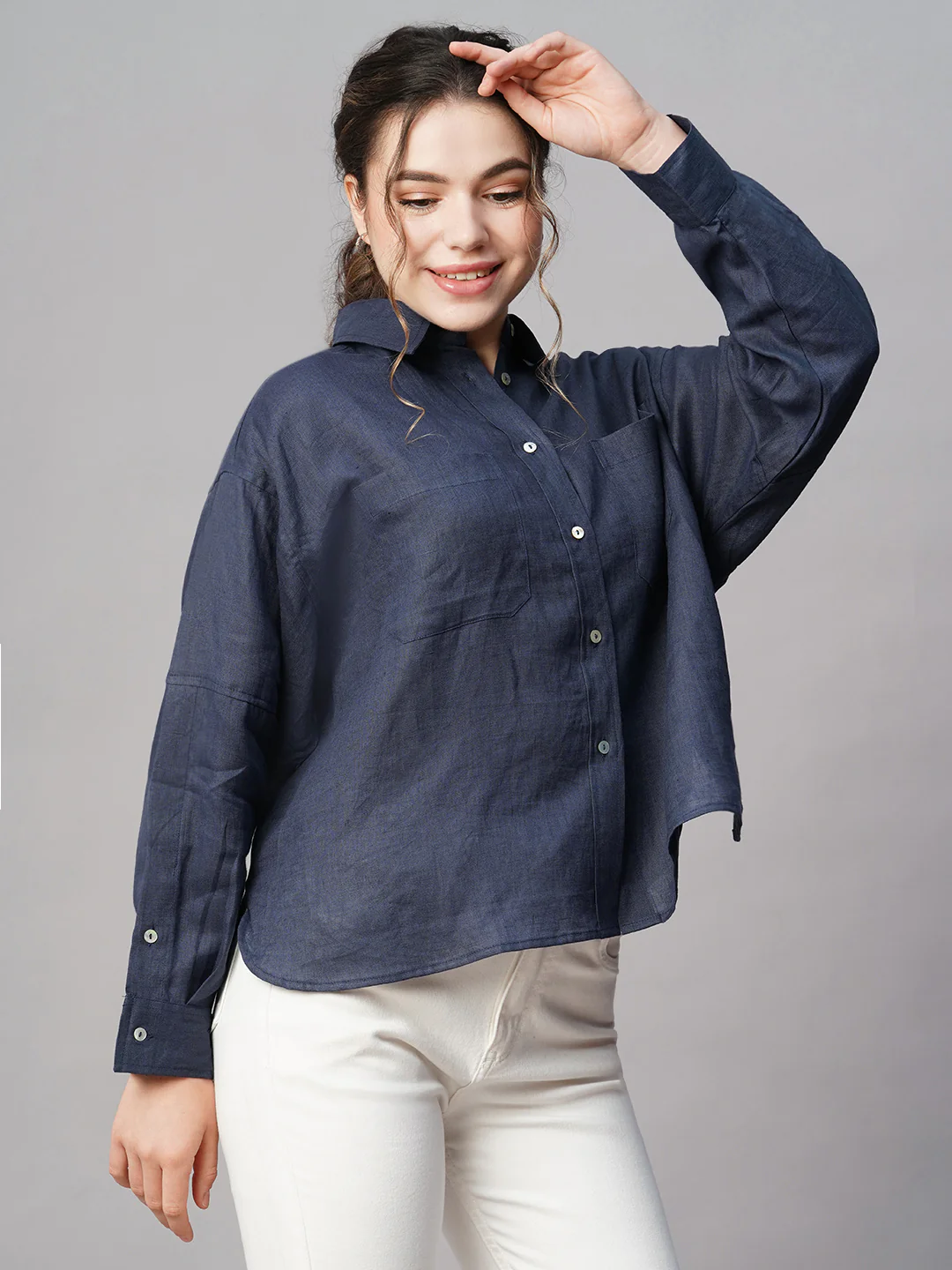 Women's Dark Blue 100% Linen Boxy Fit Blouse - Image 4