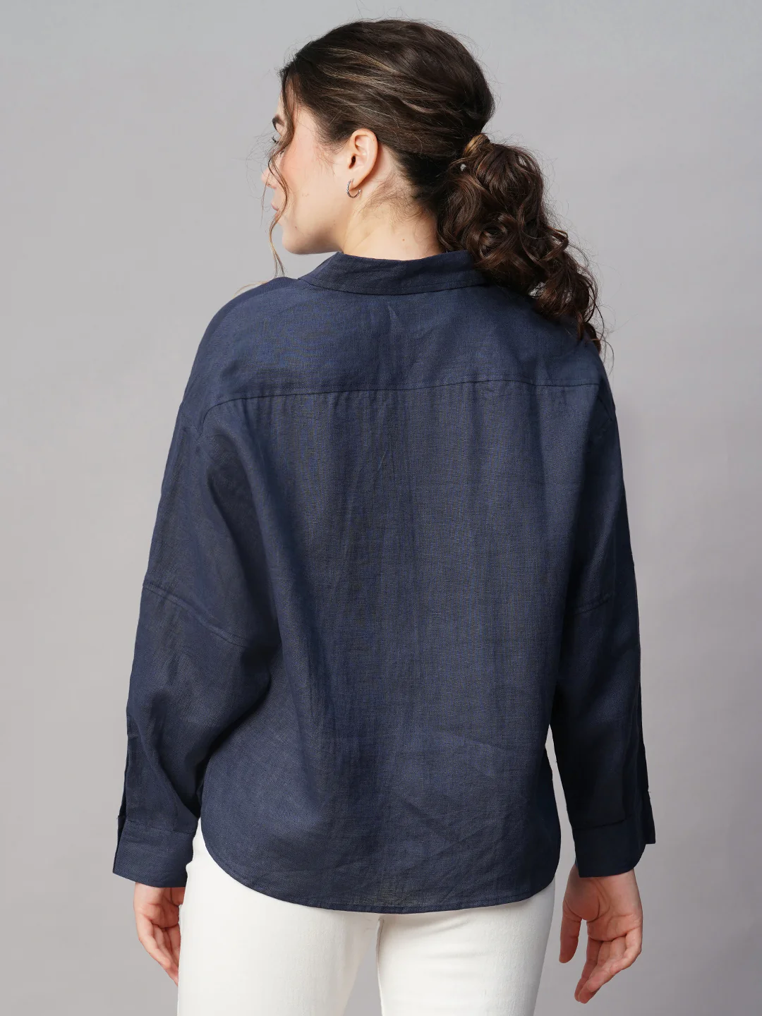 Women's Dark Blue 100% Linen Boxy Fit Blouse - Image 5