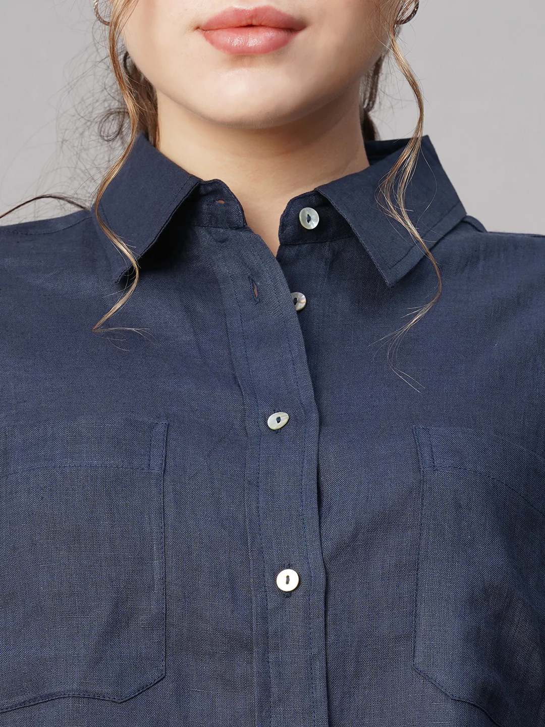 Women's Dark Blue 100% Linen Boxy Fit Blouse - Image 6