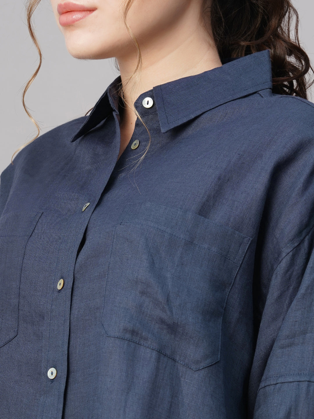 Women's Dark Blue 100% Linen Boxy Fit Blouse - Image 7
