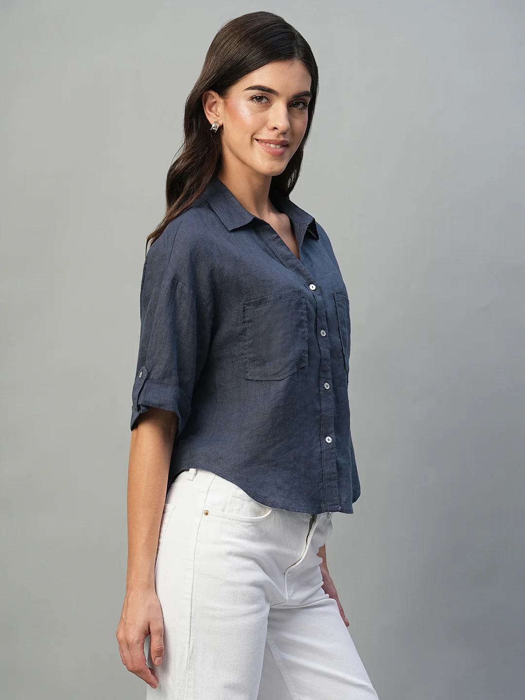 Women's Indigo 100% Linen Boxy Fit Blouse - Image 4