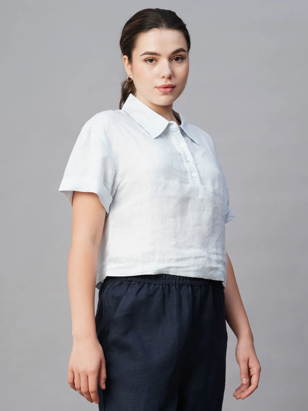 Women's Blue Linen Regular Fit Blouse - Image 3