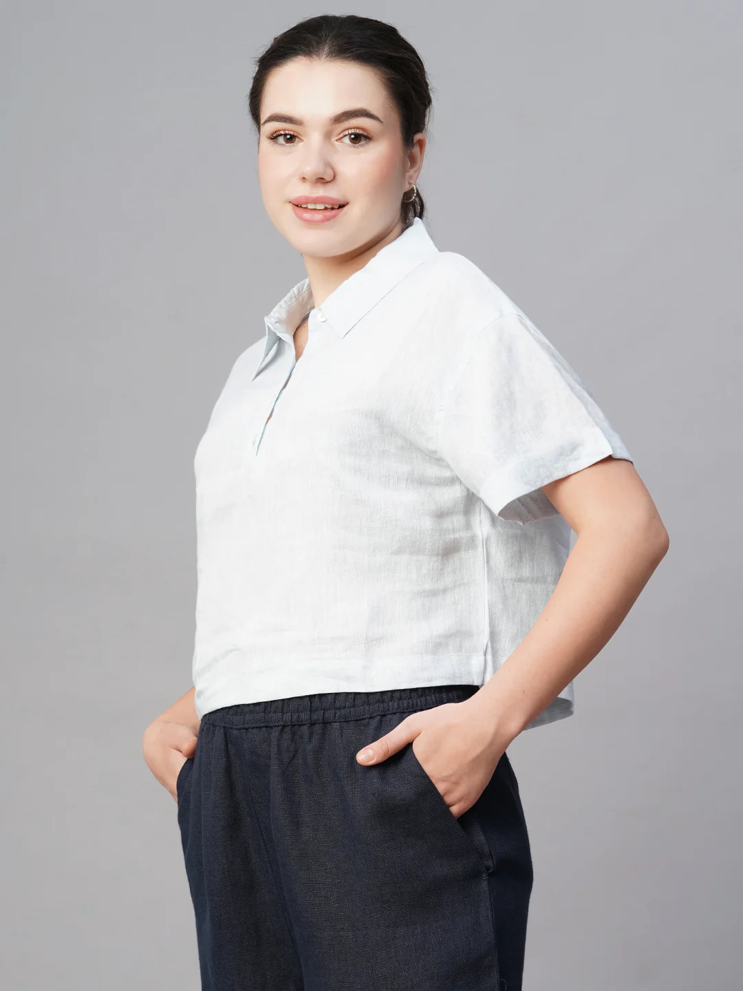 Women's Blue Linen Regular Fit Blouse - Image 4