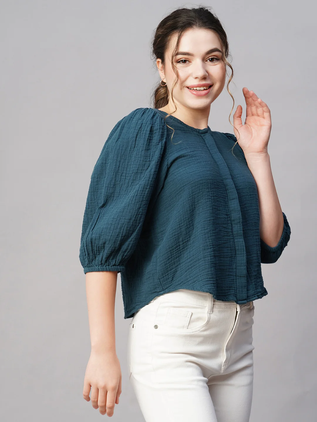 Women's Blue Cotton Regular Fit Blouse - Image 4