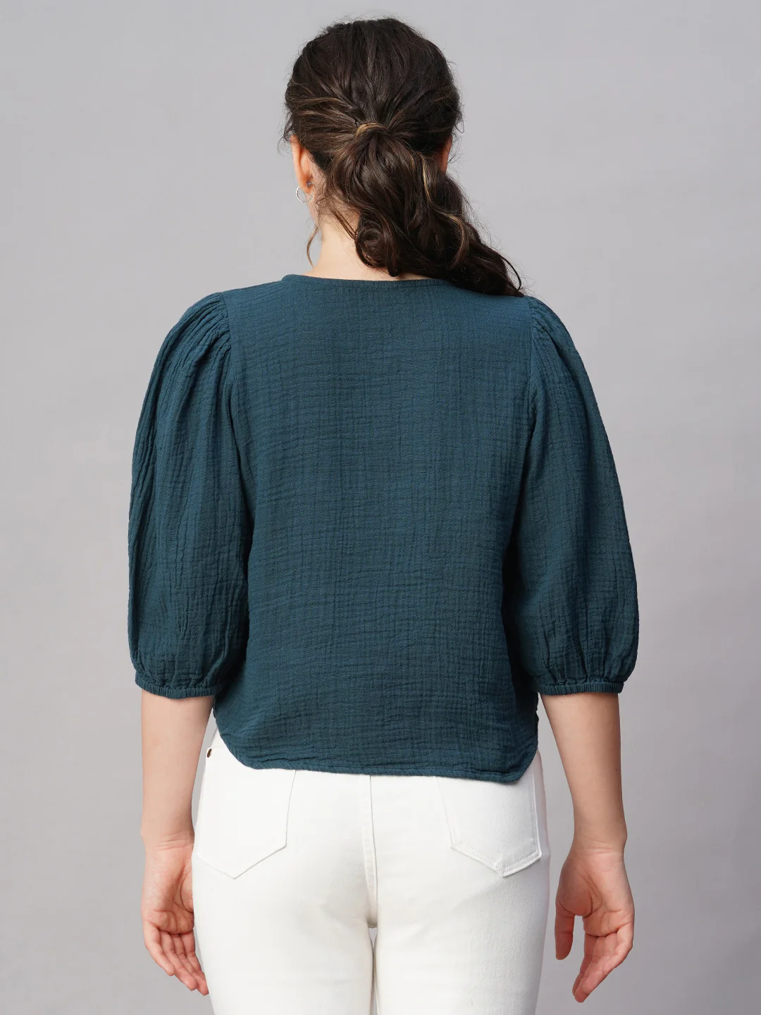 Women's Blue Cotton Regular Fit Blouse - Image 5
