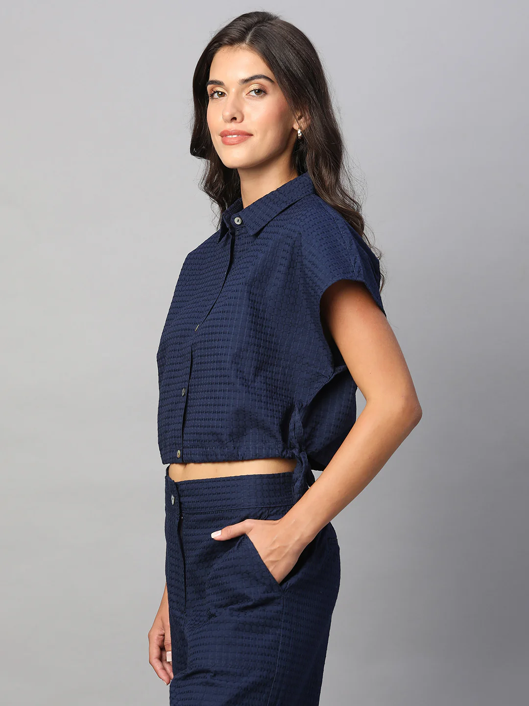 Women's Navy 100% Cotton Regular Fit Blouse - Image 3