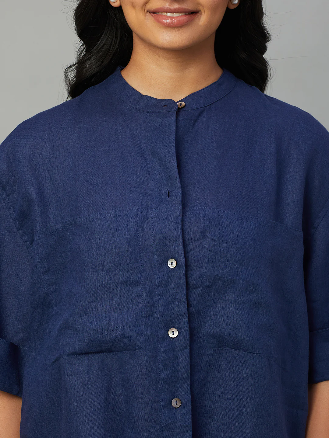 Women's Blue 100% Linen Boxy Fit Blouse - Image 6
