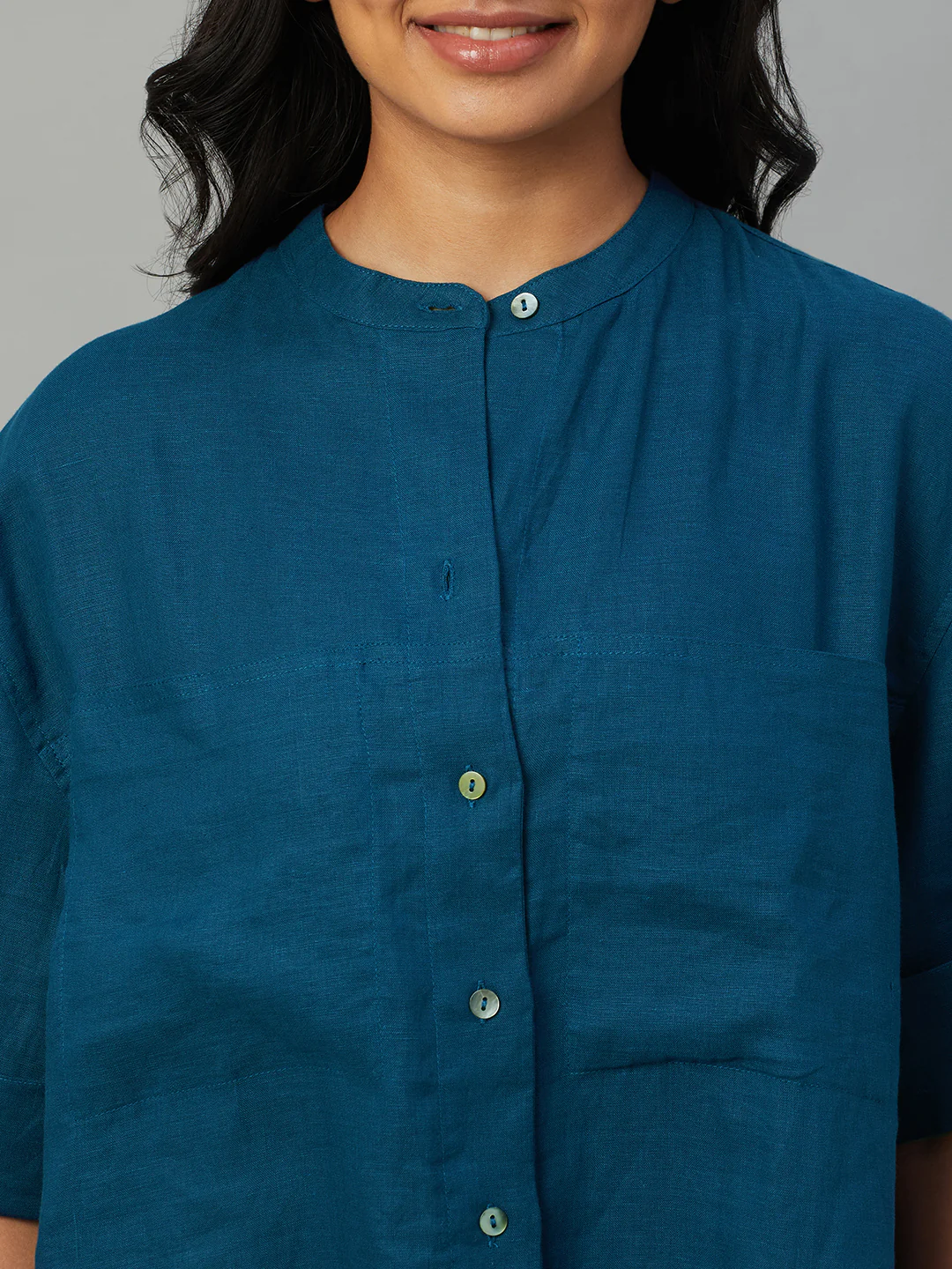 Women's Teal 100% Linen Boxy Fit Blouse - Image 6