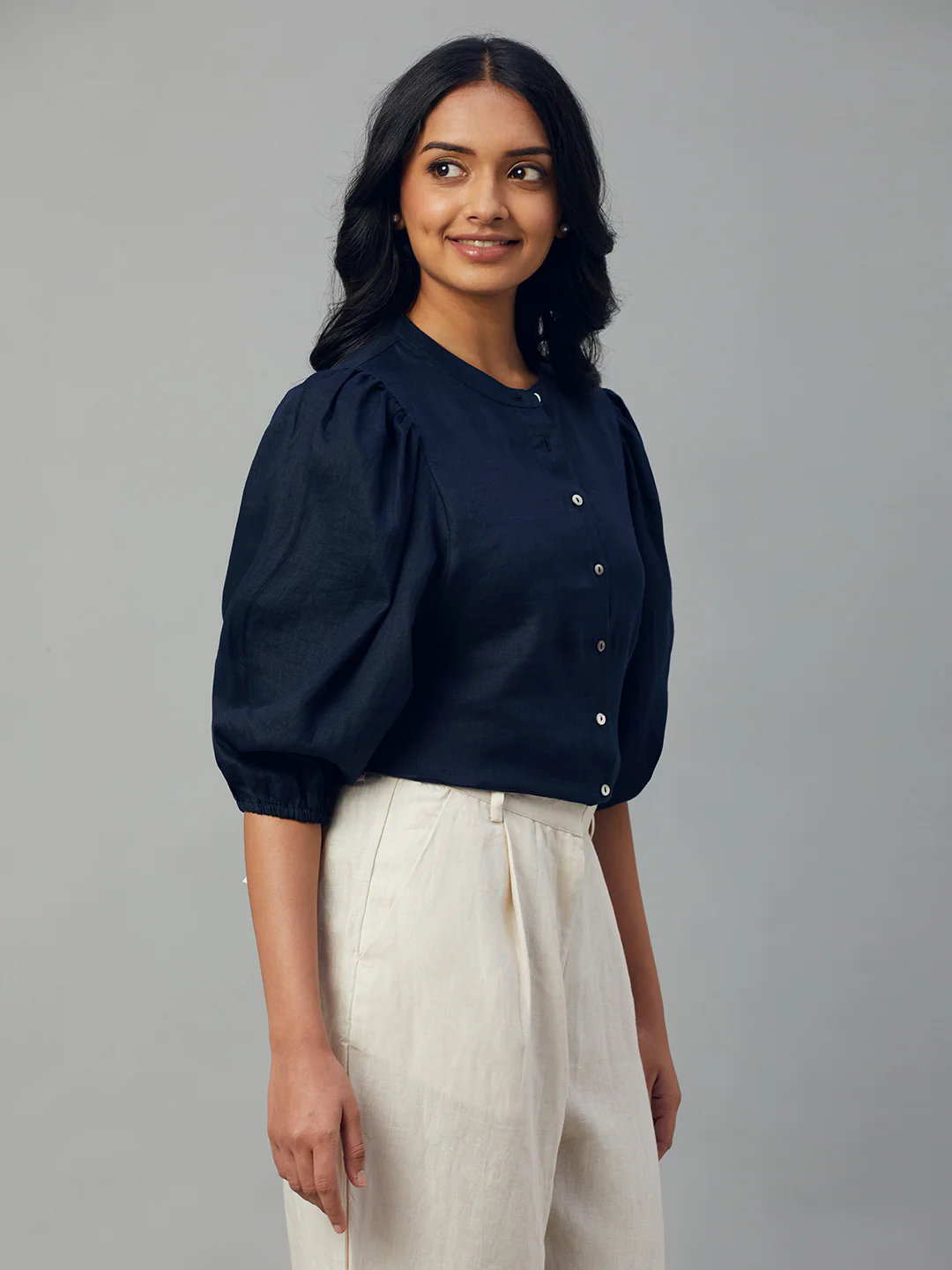 Women's Navy 100% Linen Regular Fit Blouse - Image 3