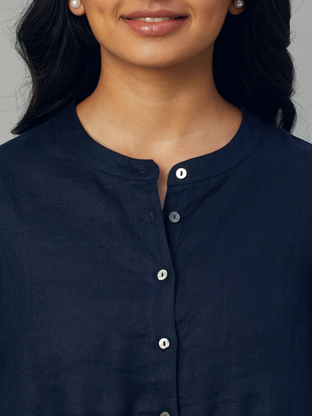 Women's Navy 100% Linen Regular Fit Blouse - Image 6