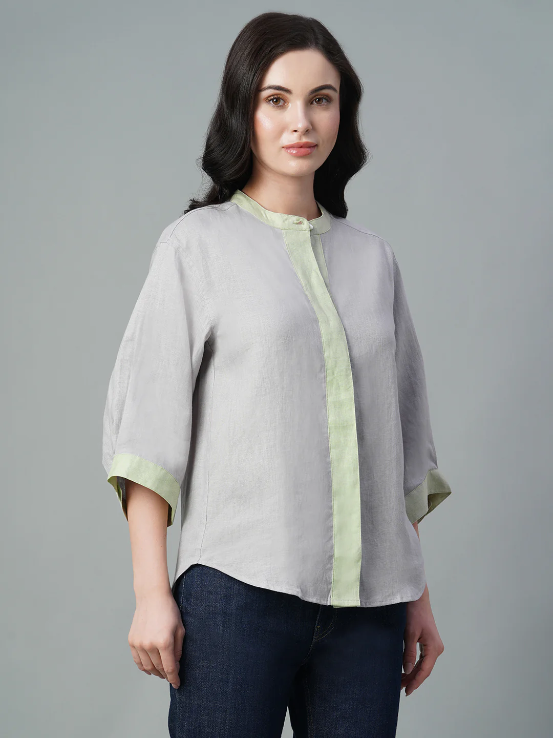 Women's Grey 100% Linen Regular Fit Blouse - Image 4