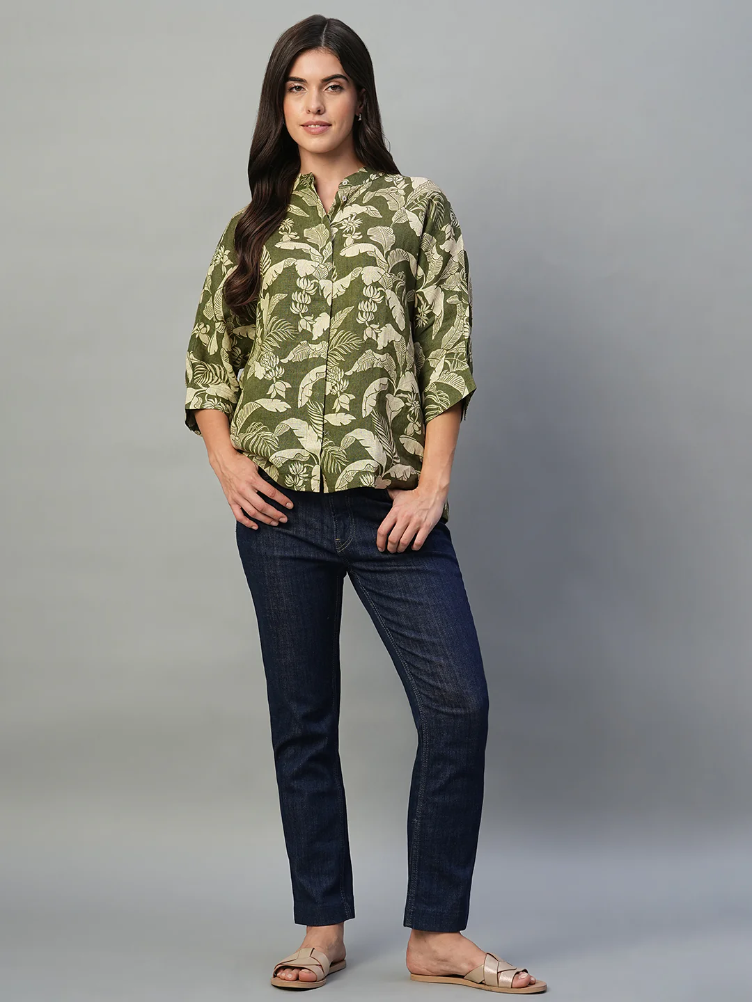 Women's Olive 100% Linen Regular Fit Blouse - Image 2