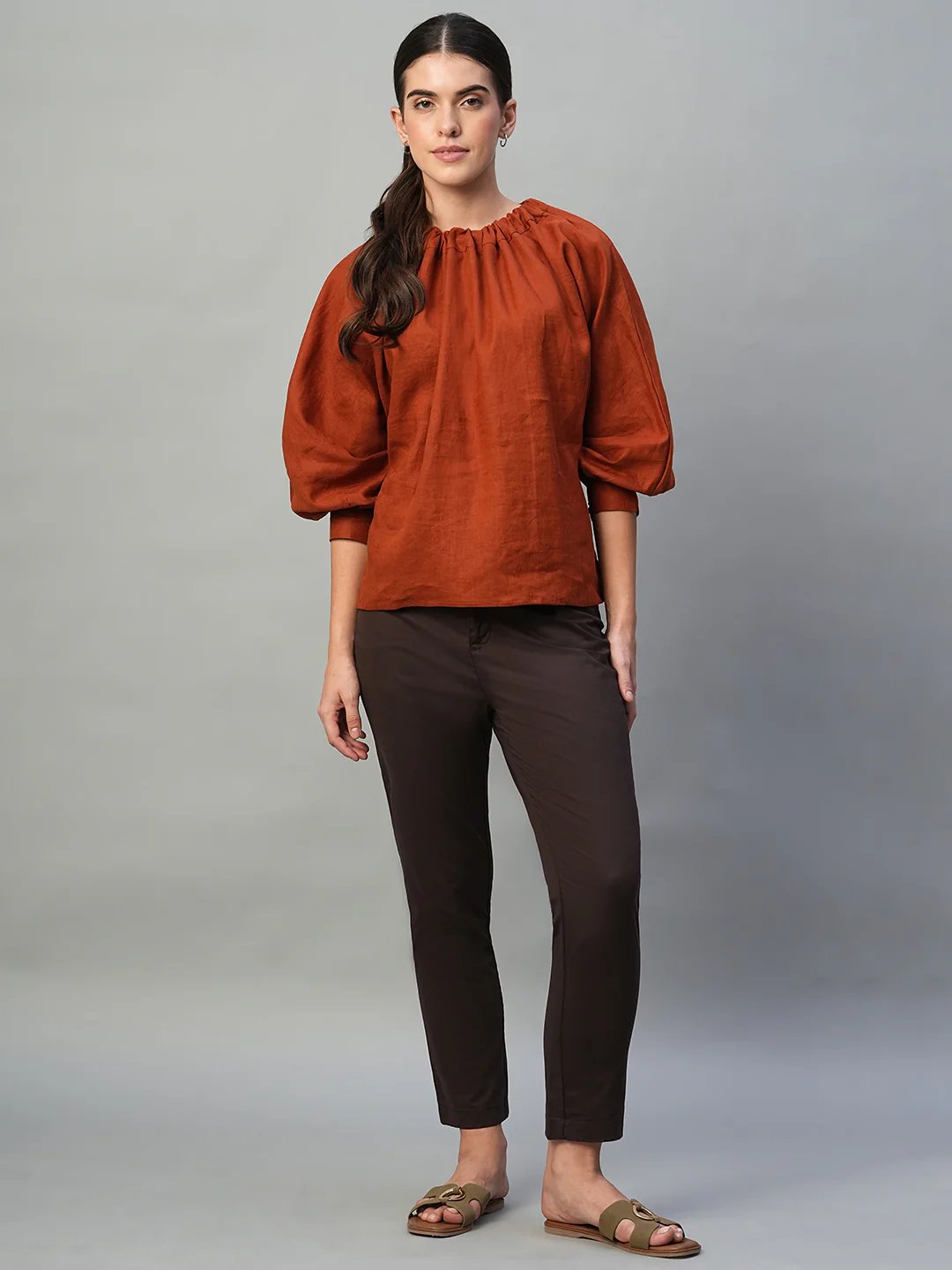 Women's Rust 100% Linen Regular Fit Blouse - Image 2