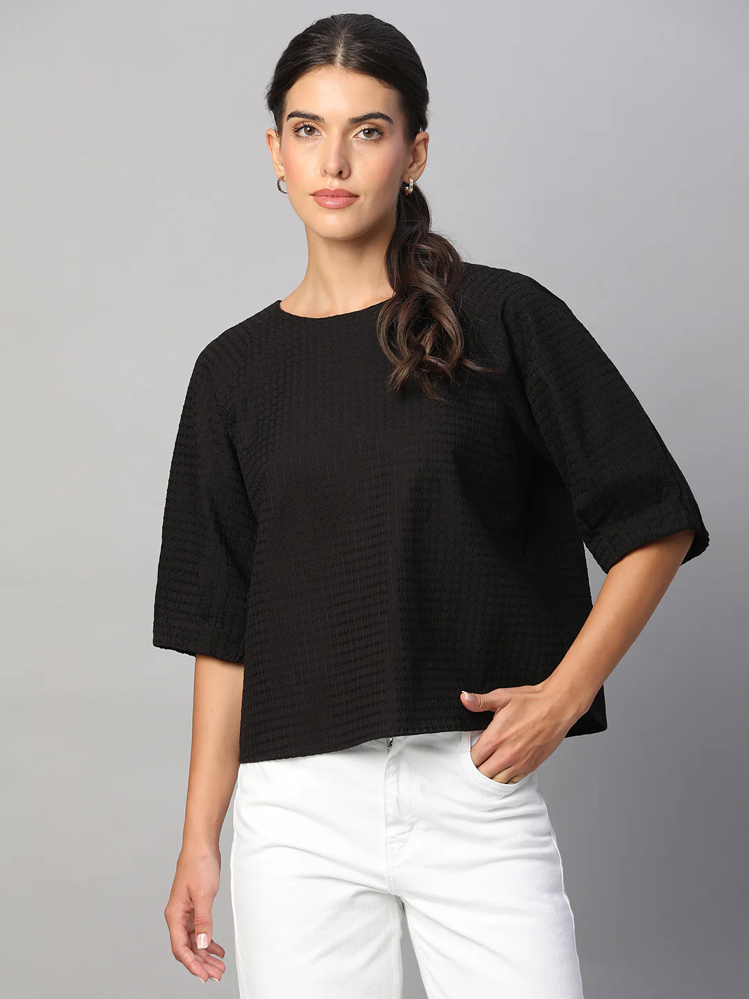 Women's Black 100% Cotton Regular Fit Blouse