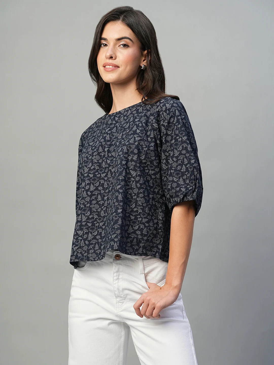 Women's Navy Linen Cotton Regular Fit Blouse - Image 3