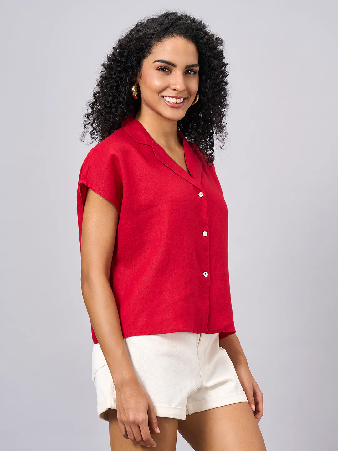 Women's Red 100% Linen Regular Fit Blouse - Image 3