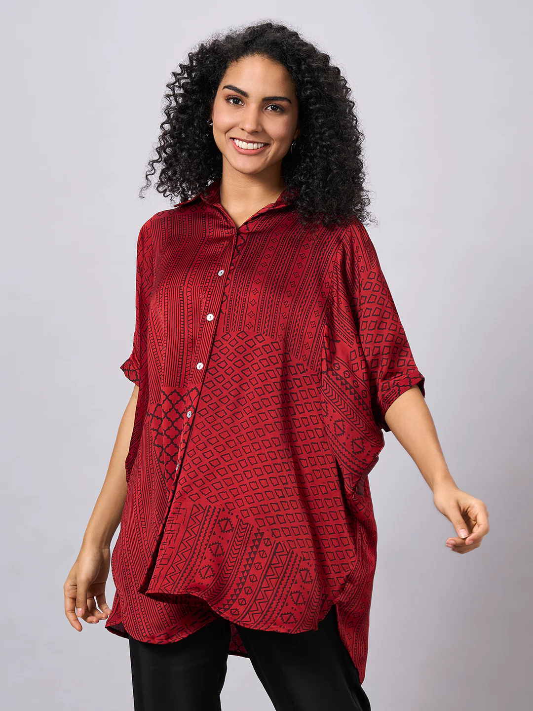 Women's Red Modal Viscose Boxy Fit Blouse - Image 2