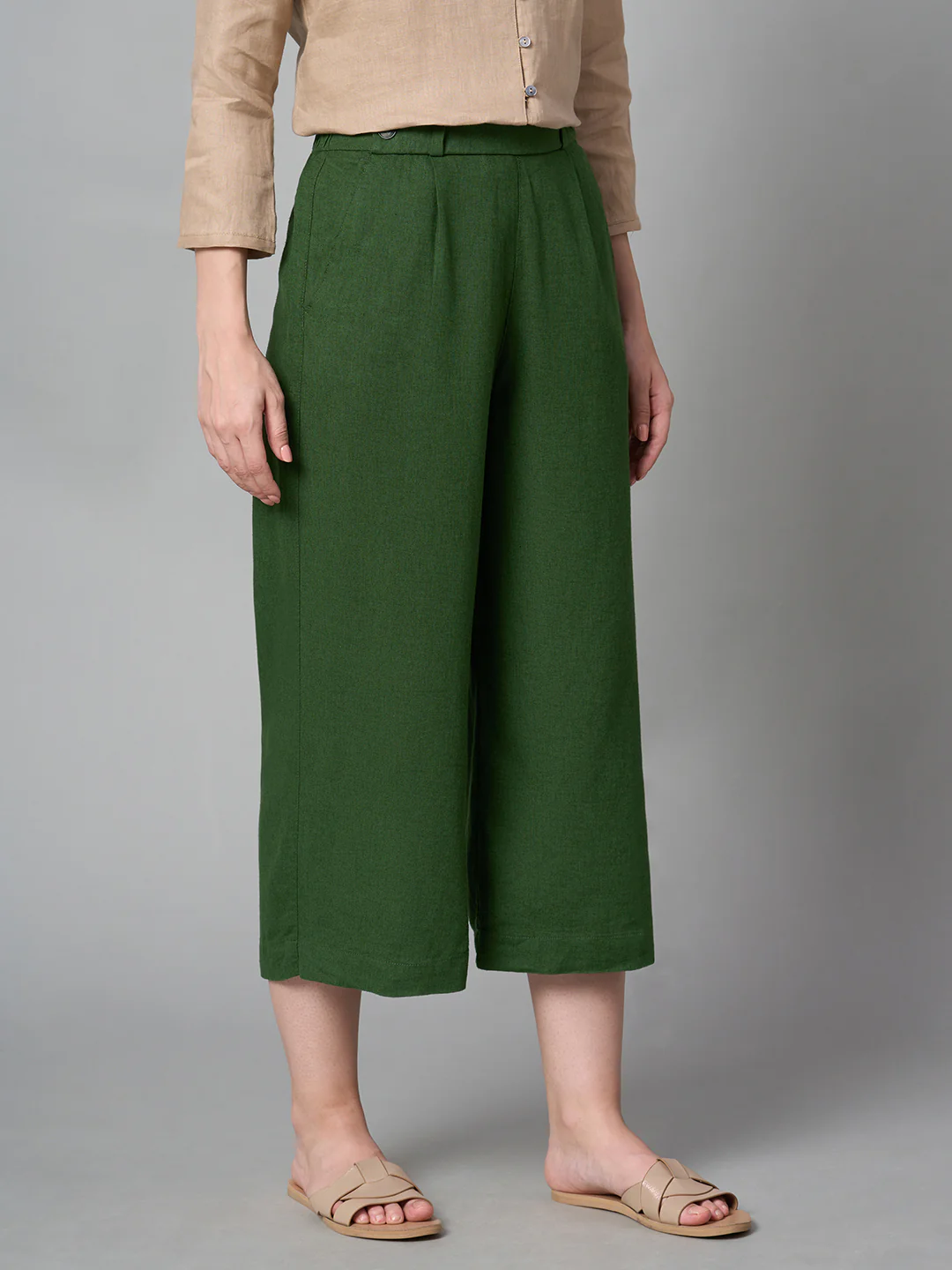 Women's Green Linen Viscose Regular Fit Culotte - Image 4