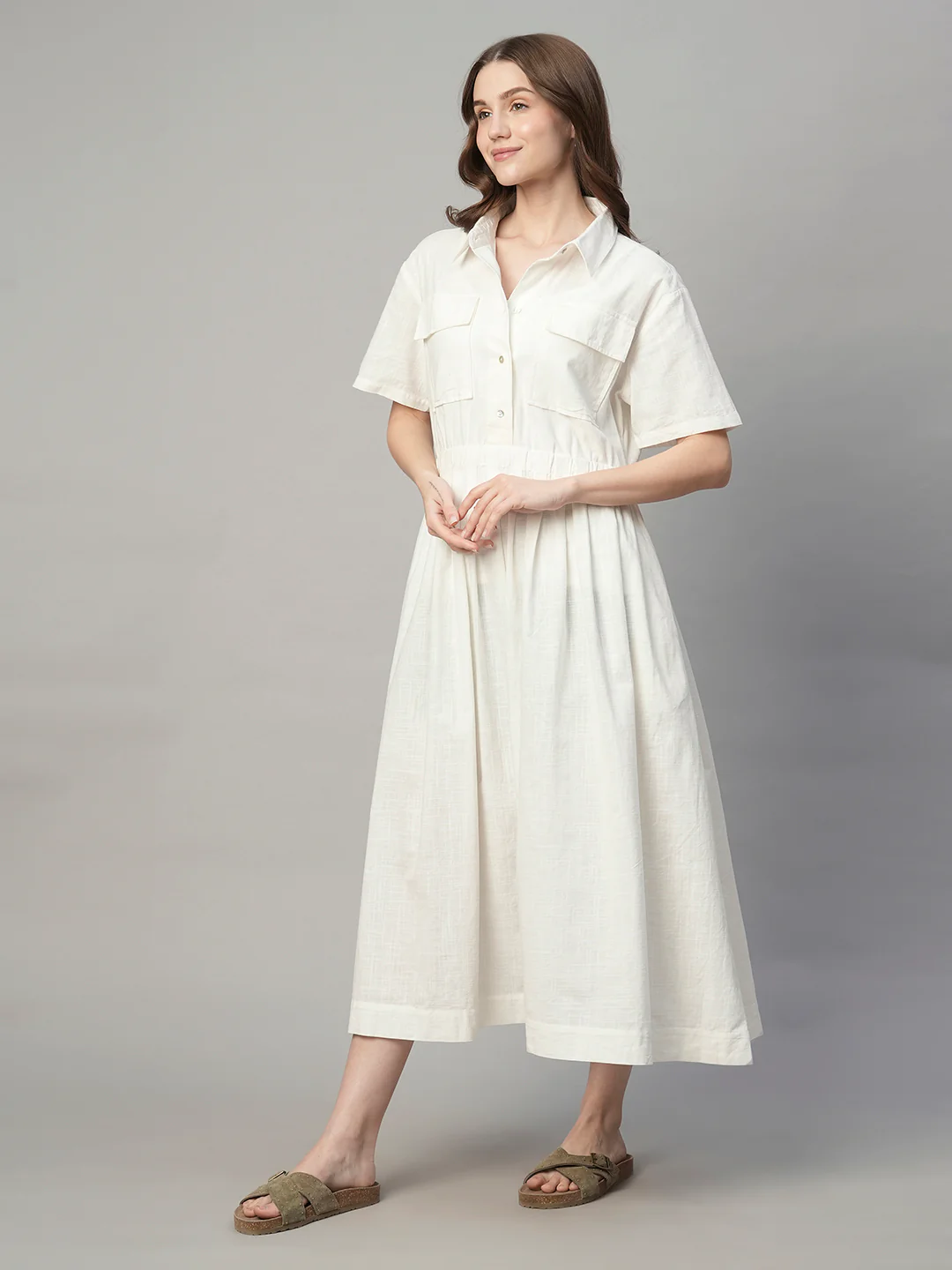 Women's White Tencel Regular Fit Dress - Image 2