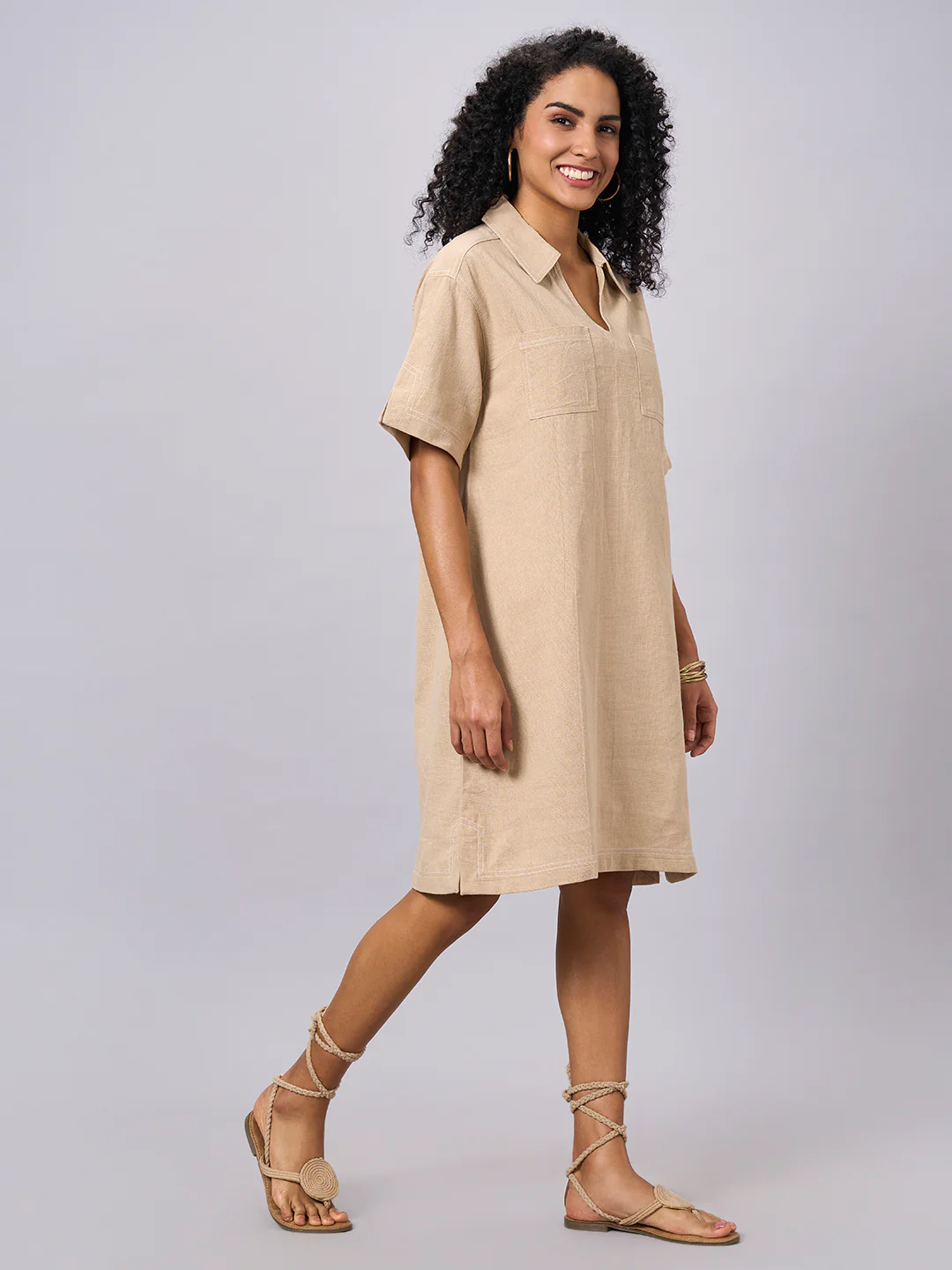 Women's Khaki 100% Cotton Regular Fit Dress - Image 3