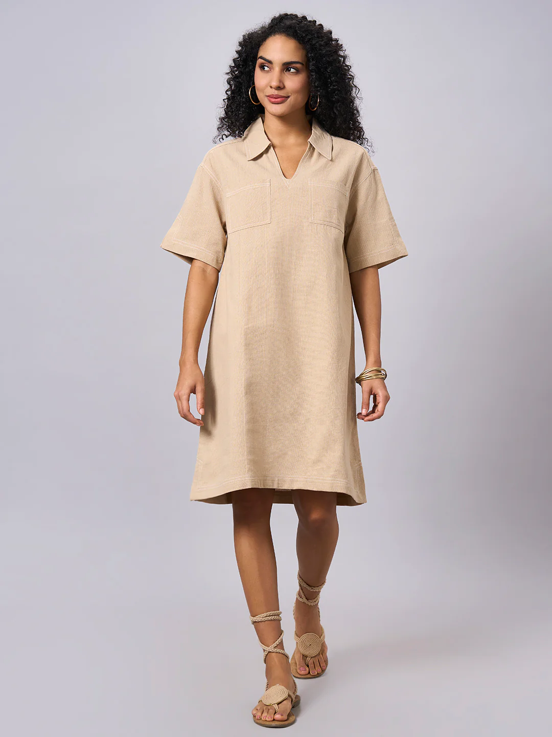 Women's Khaki 100% Cotton Regular Fit Dress - Image 5