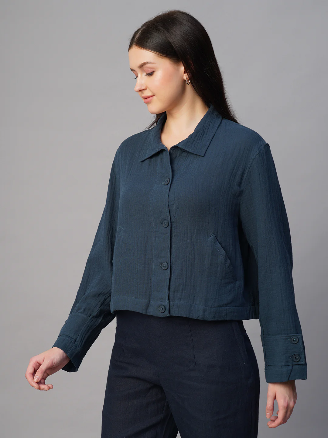 Women's Blue 100% Cotton Boxy Fit Jacket - Image 3