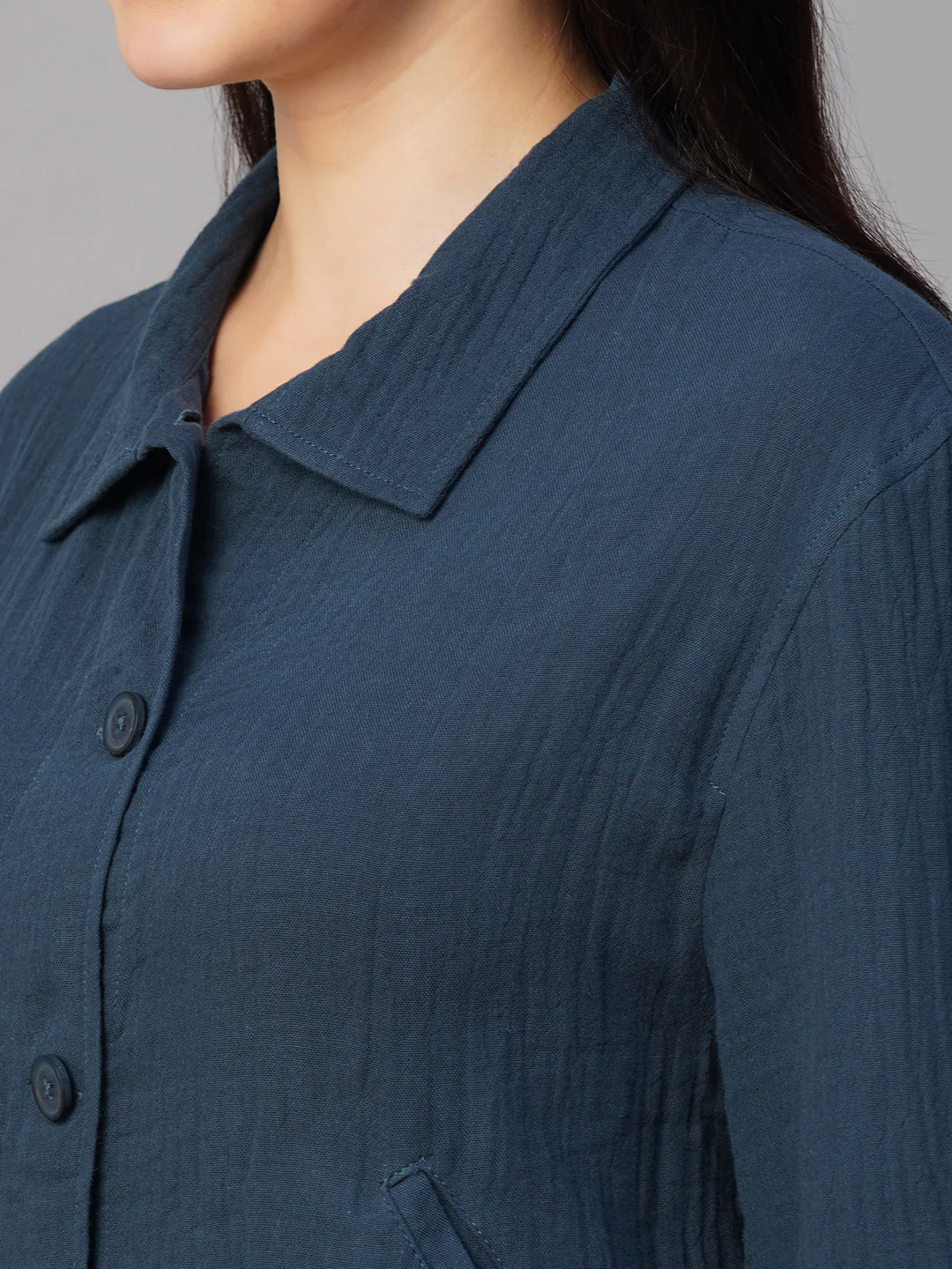 Women's Blue 100% Cotton Boxy Fit Jacket - Image 7