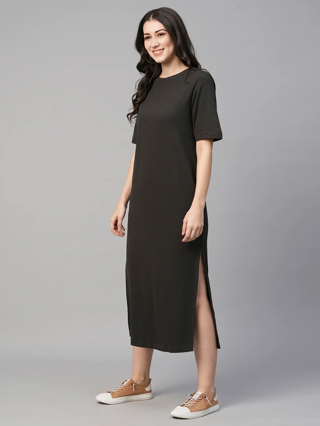 Women's Grey Cotton Elastane Regular Fit Knit Dress - Image 3