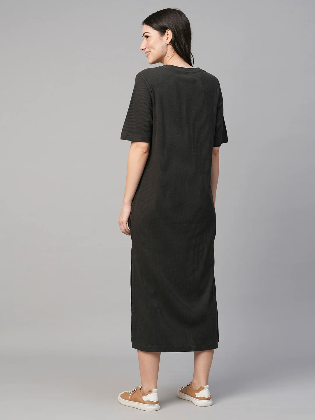Women's Grey Cotton Elastane Regular Fit Knit Dress - Image 5