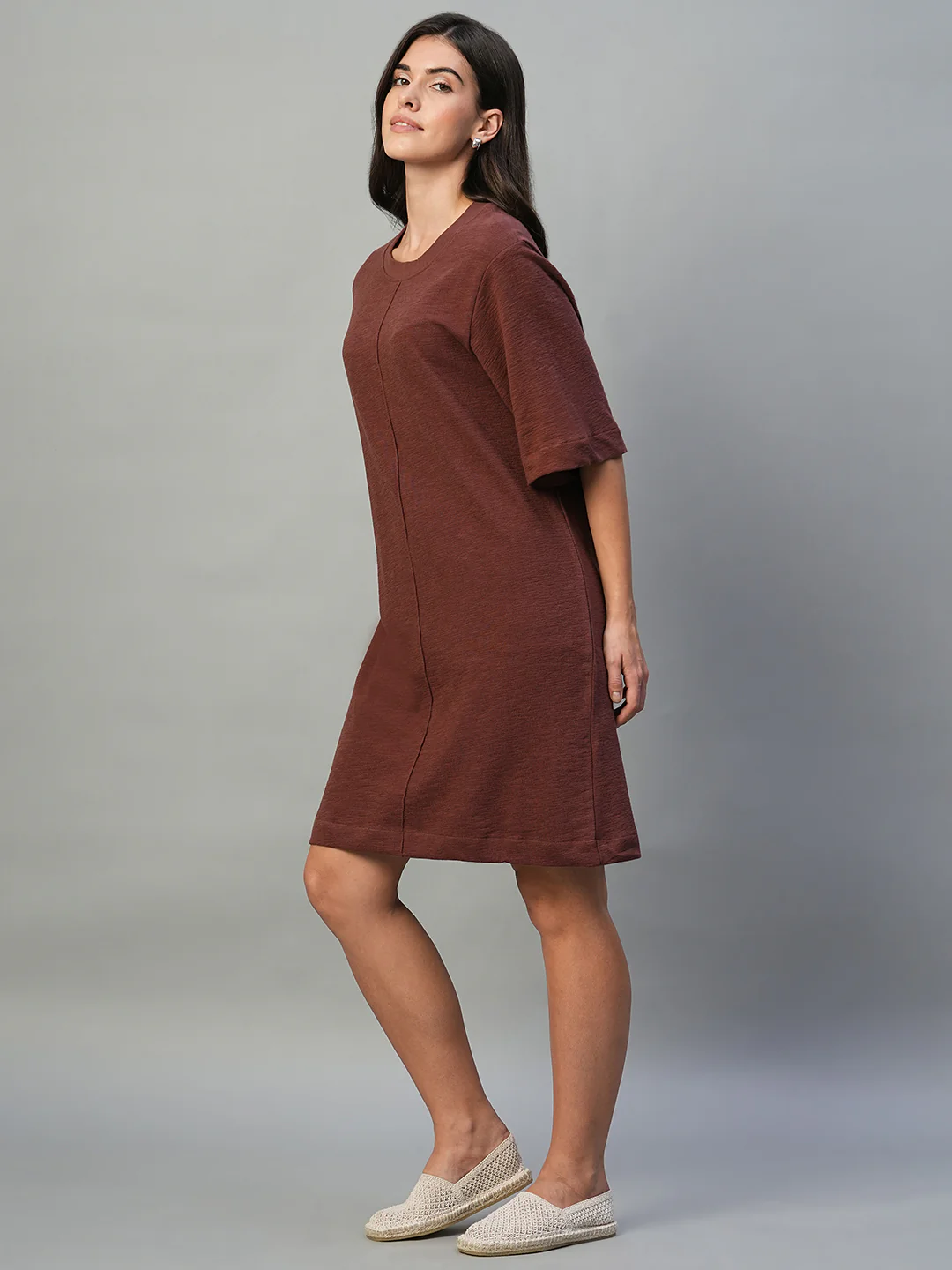 Women's Wine 100% Cotton Regular Fit Knit Dress - Image 3