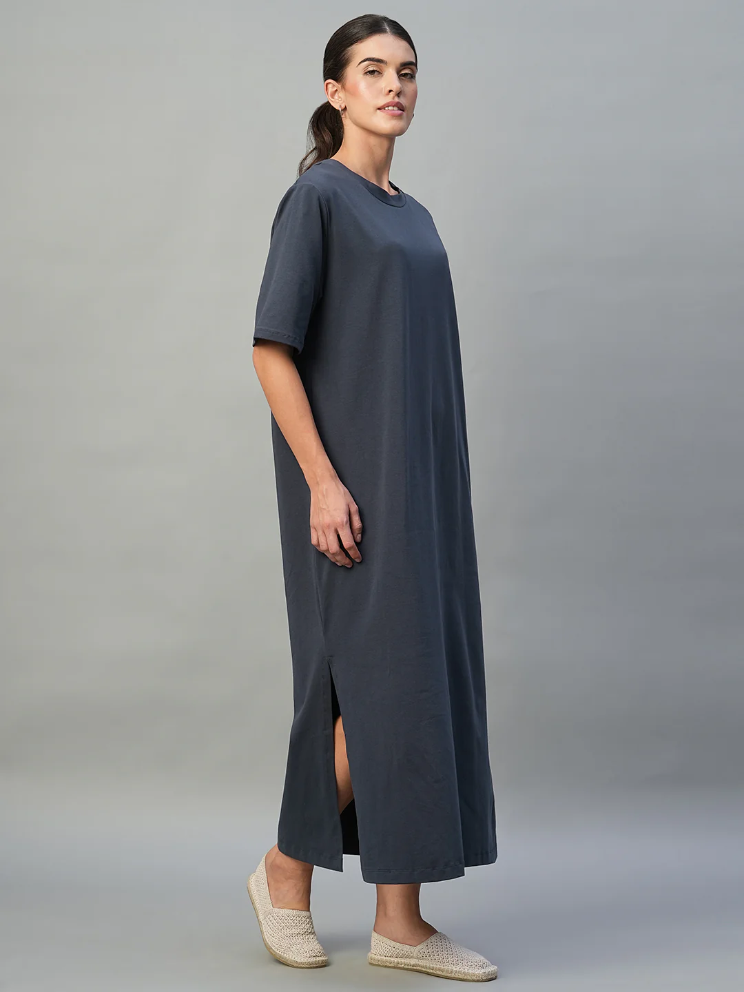 Women's Navy Cotton Elastane Regular Fit Knit Dress - Image 4