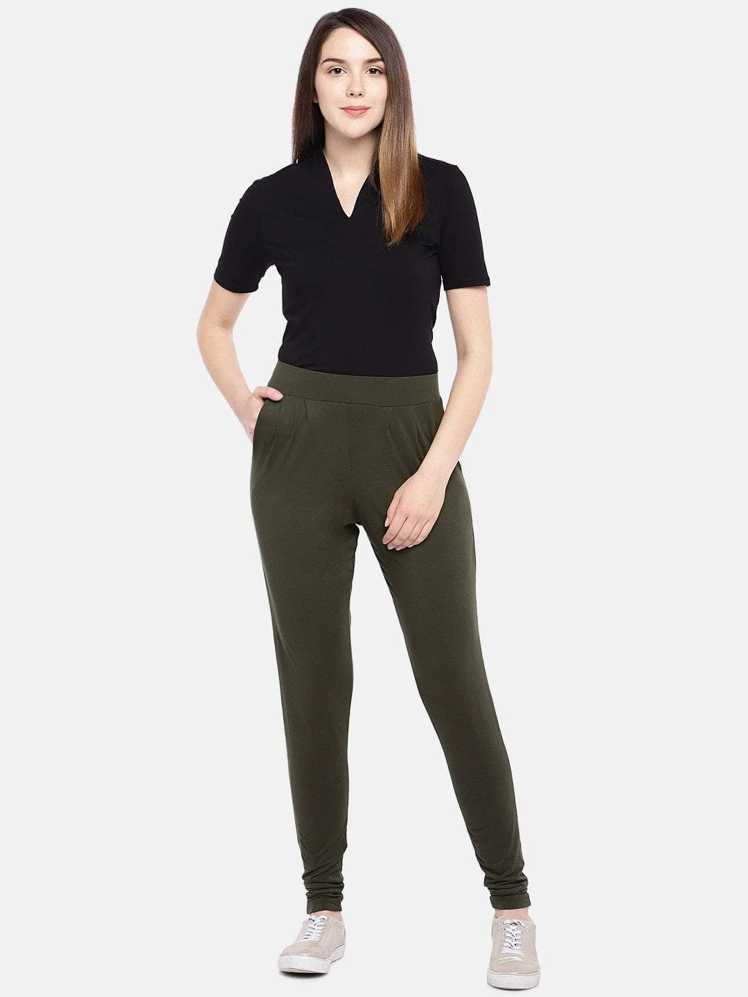 Women's Olive Viscose Elastane Loose Fit Knit Pant - Image 4