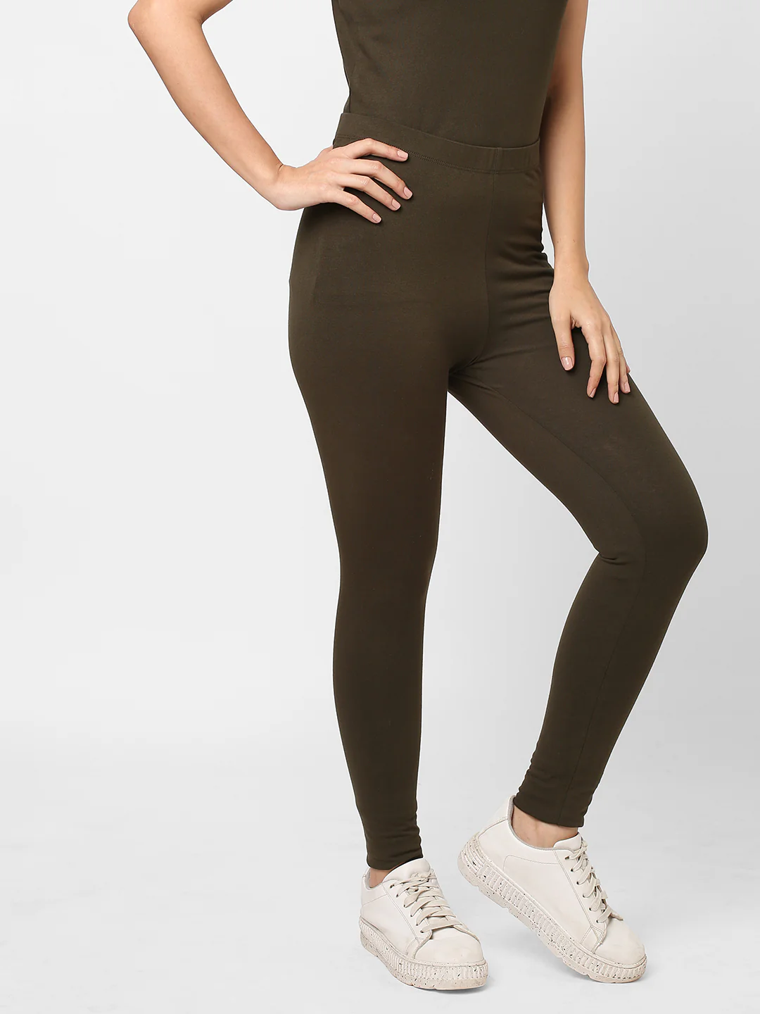 Women's Olive Cotton Elastane Slim Fit Knit Tights - Image 3
