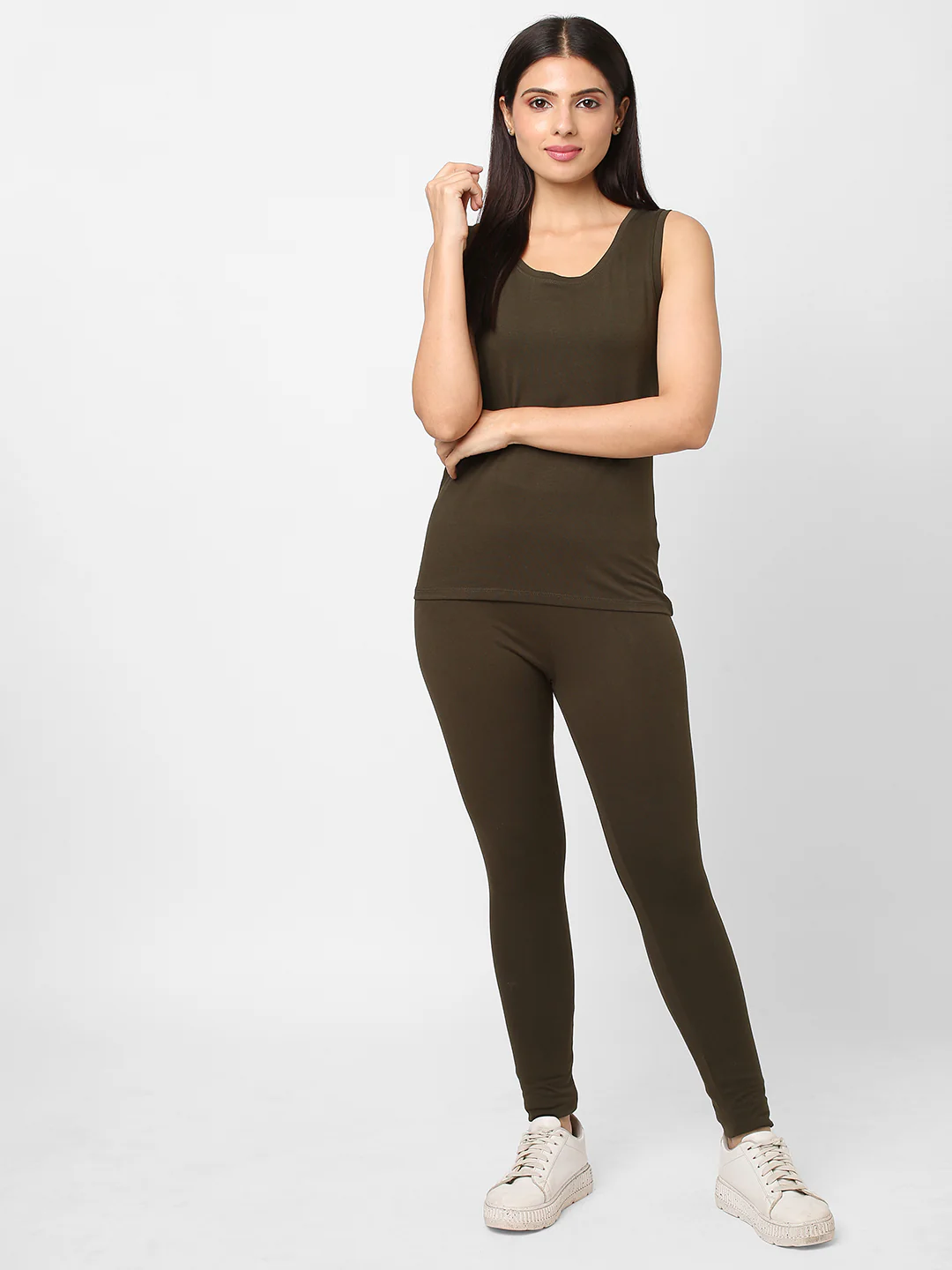 Women's Olive Cotton Elastane Slim Fit Knit Tights - Image 5